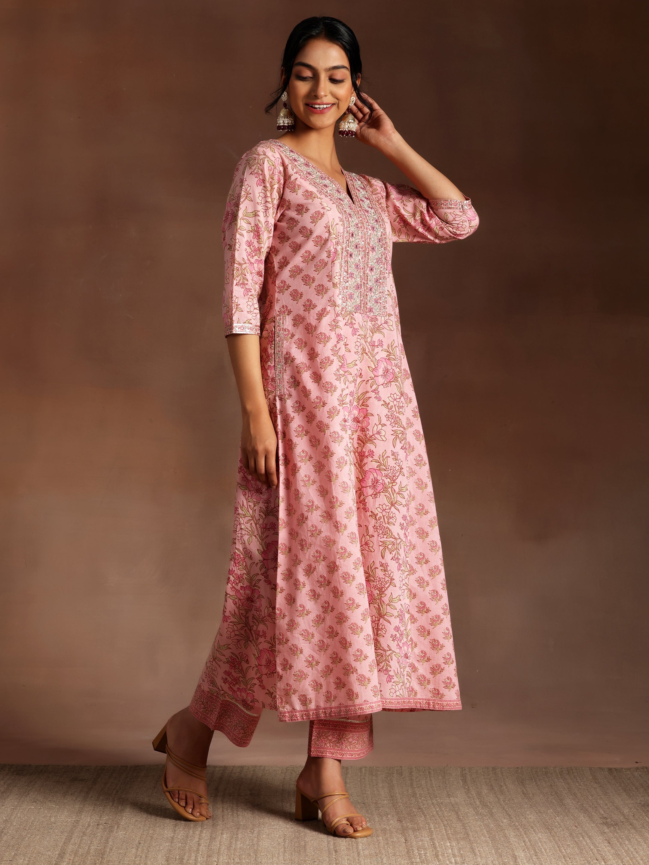 Mariyam Pink Printed Cotton A-Line Kurta With Palazzos & Dupatta