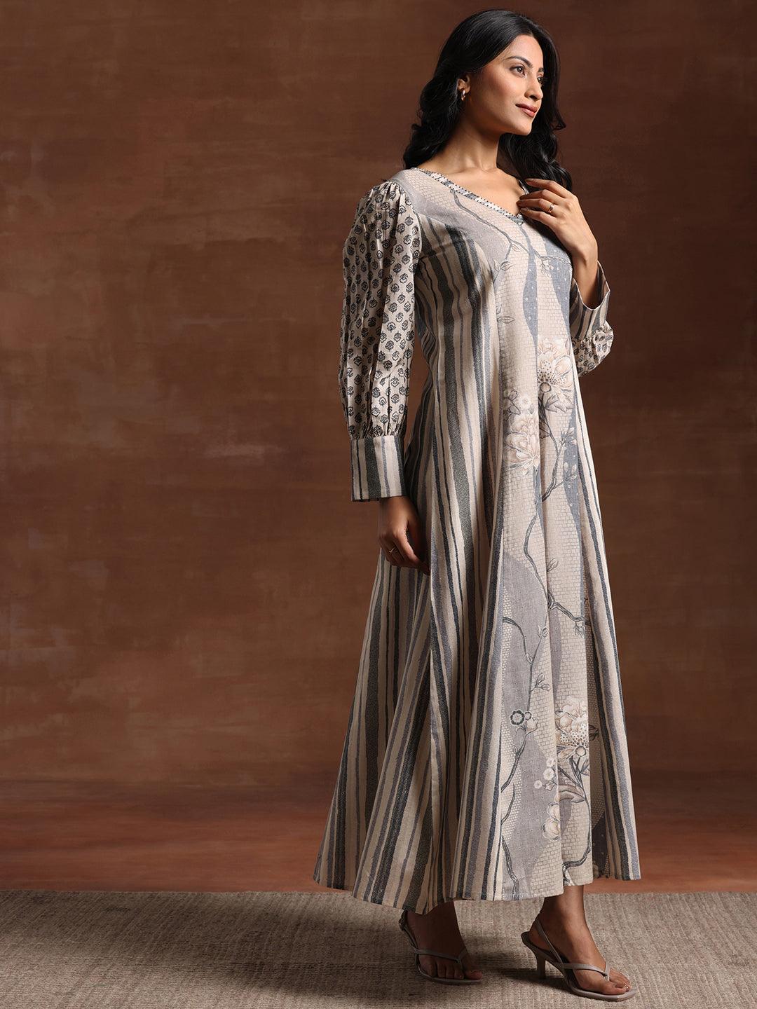 Off White Printed Linen A-Line Dress