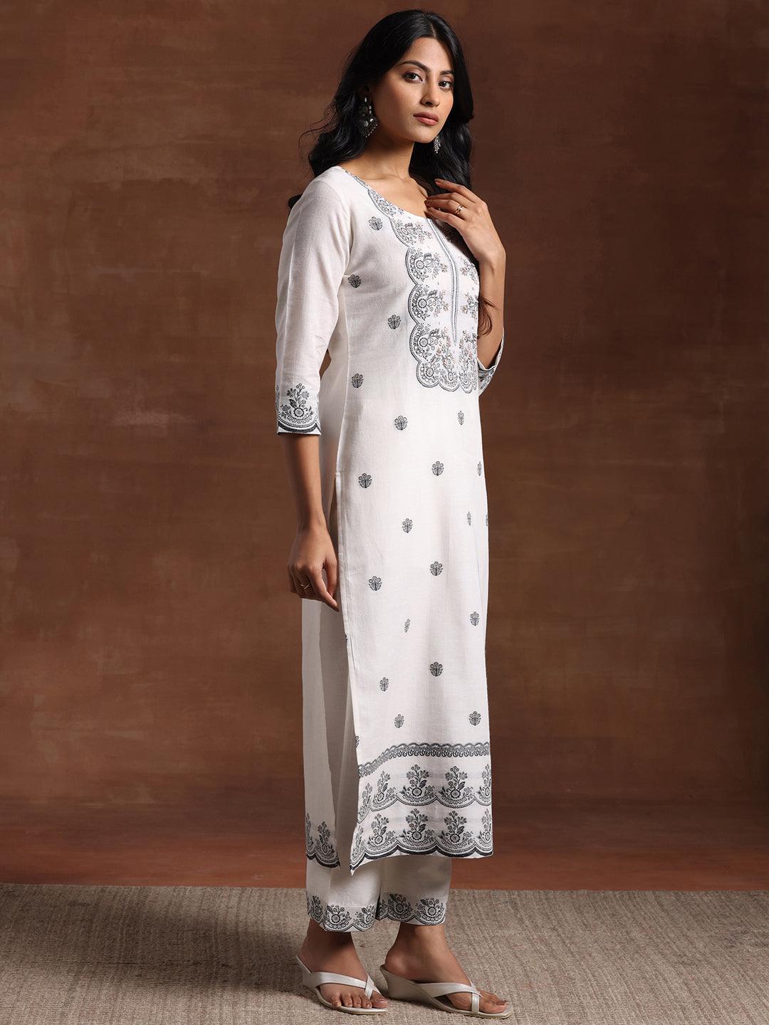 White Woven Design Cotton Straight Suit With Dupatta