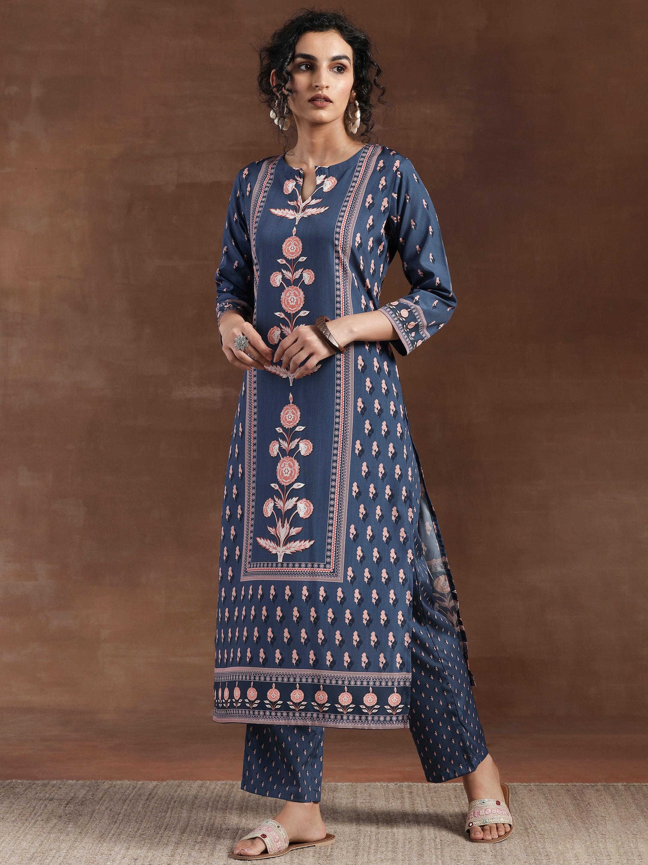 Blue Printed Poly Crepe Straight Kurta Set