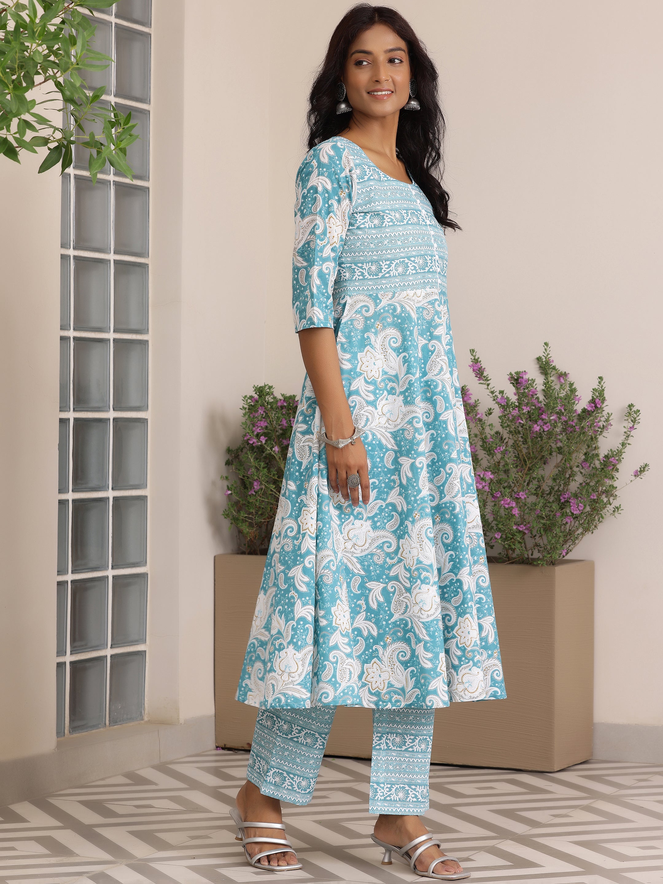 Blue Printed Cotton Anarkali Suit With Dupatta