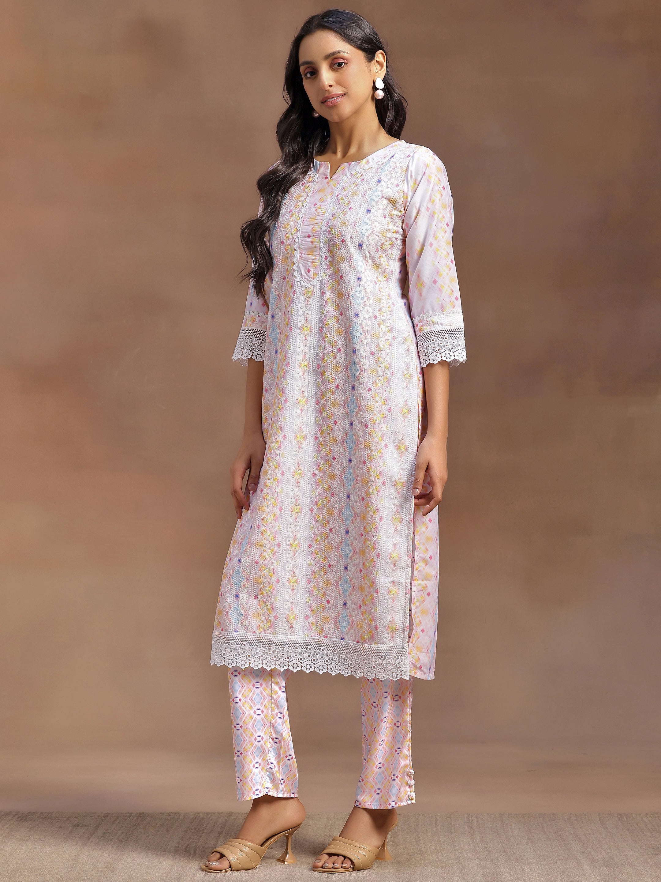 Peach Embroidered Cotton Blend Straight Suit With Dupatta