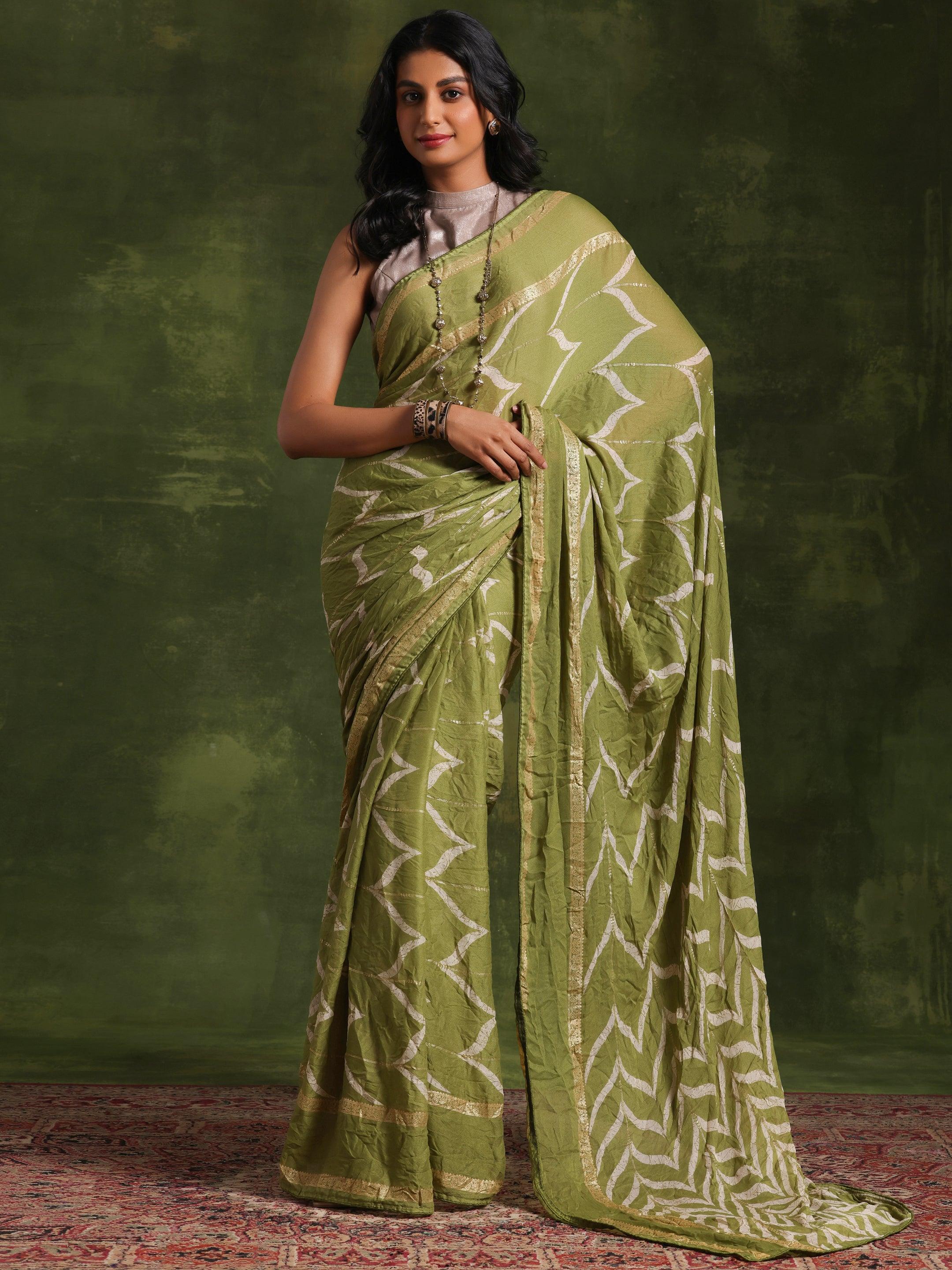 Green Printed Poly Georgette Saree With Unstitched Blouse Piece