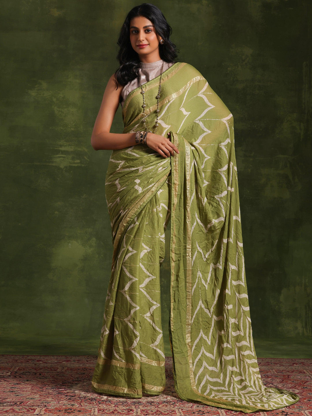 Green Printed Poly Georgette Saree With Unstitched Blouse Piece - Libas