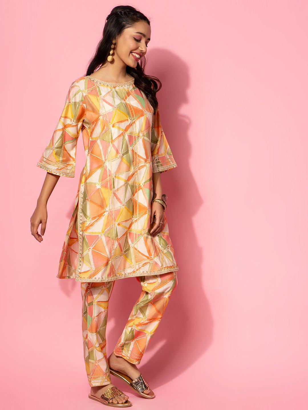 Peach Printed Silk Blend Co-Ords