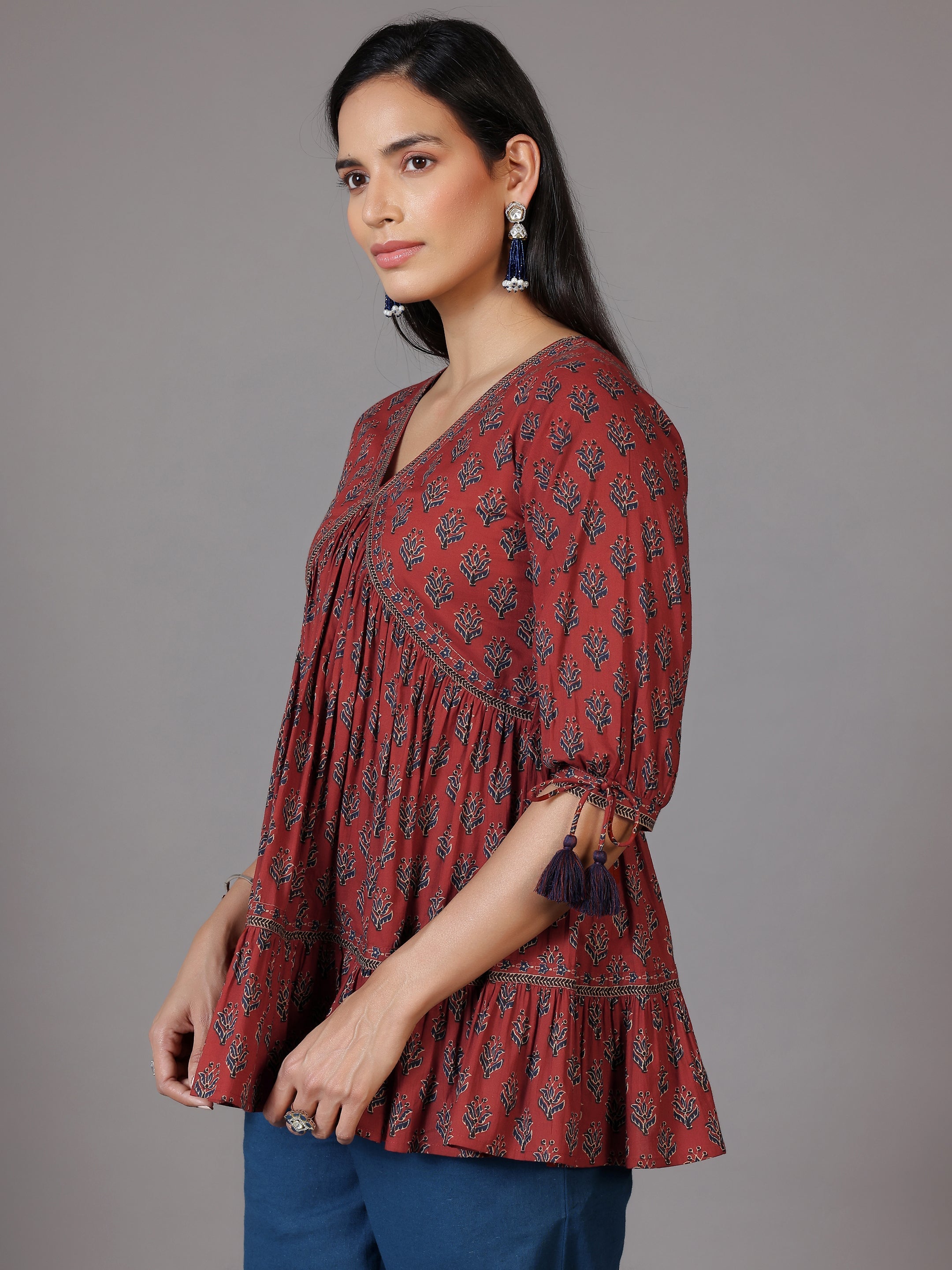 Rust Printed Cotton A-Line Kurti