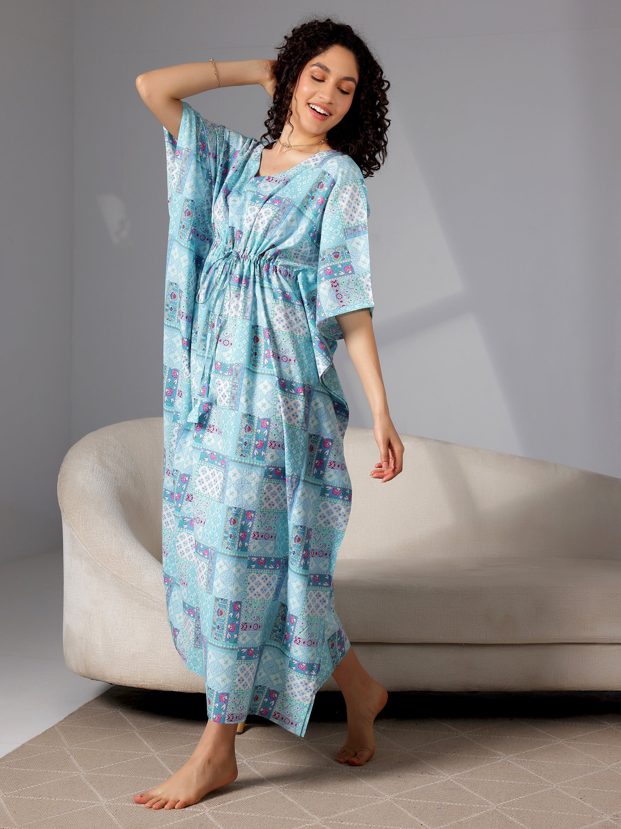 Blue Printed Cotton Kaftan Night Dress