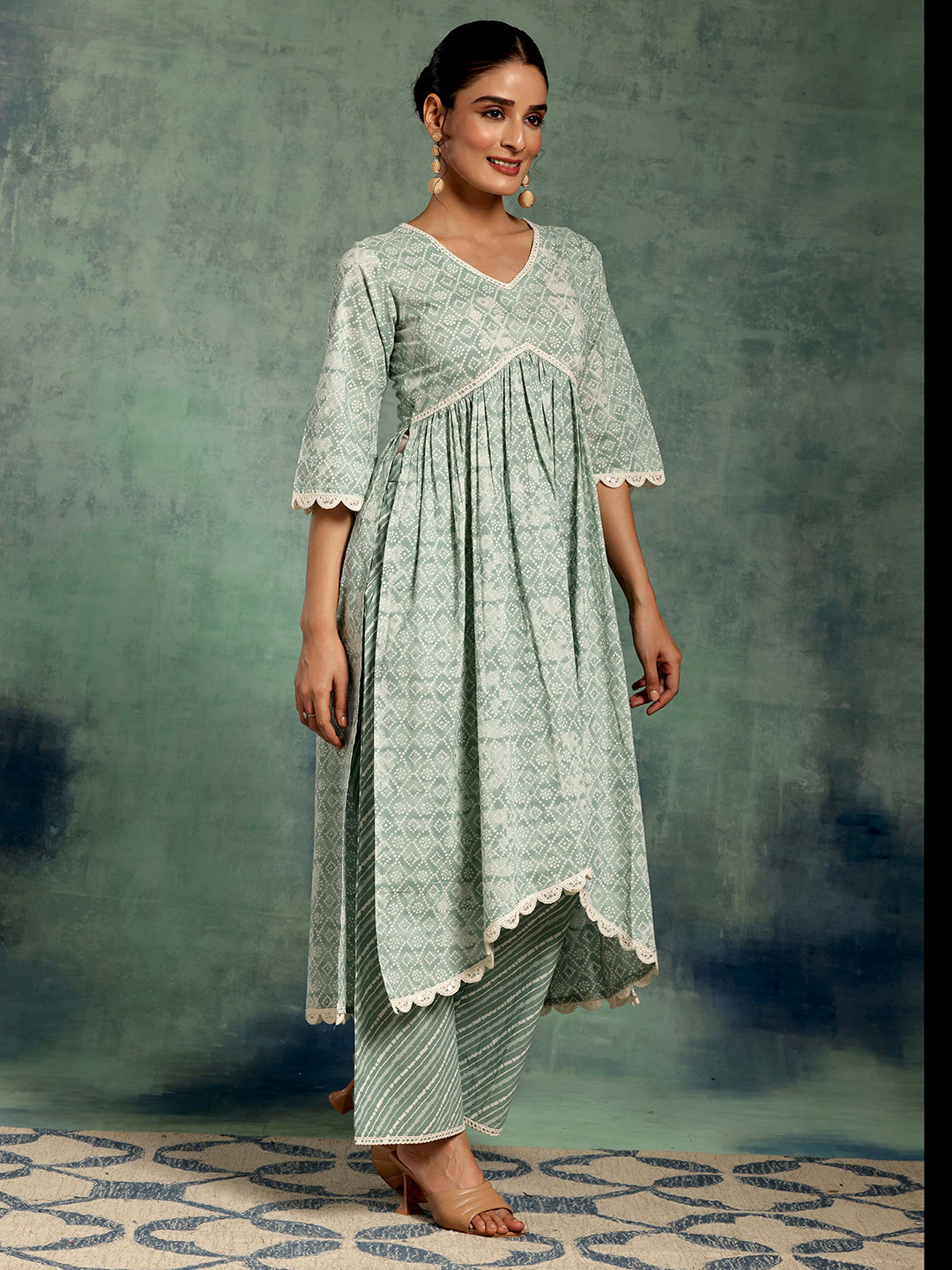 Green Printed Cotton A-Line Kurta With Palazzos & Dupatta