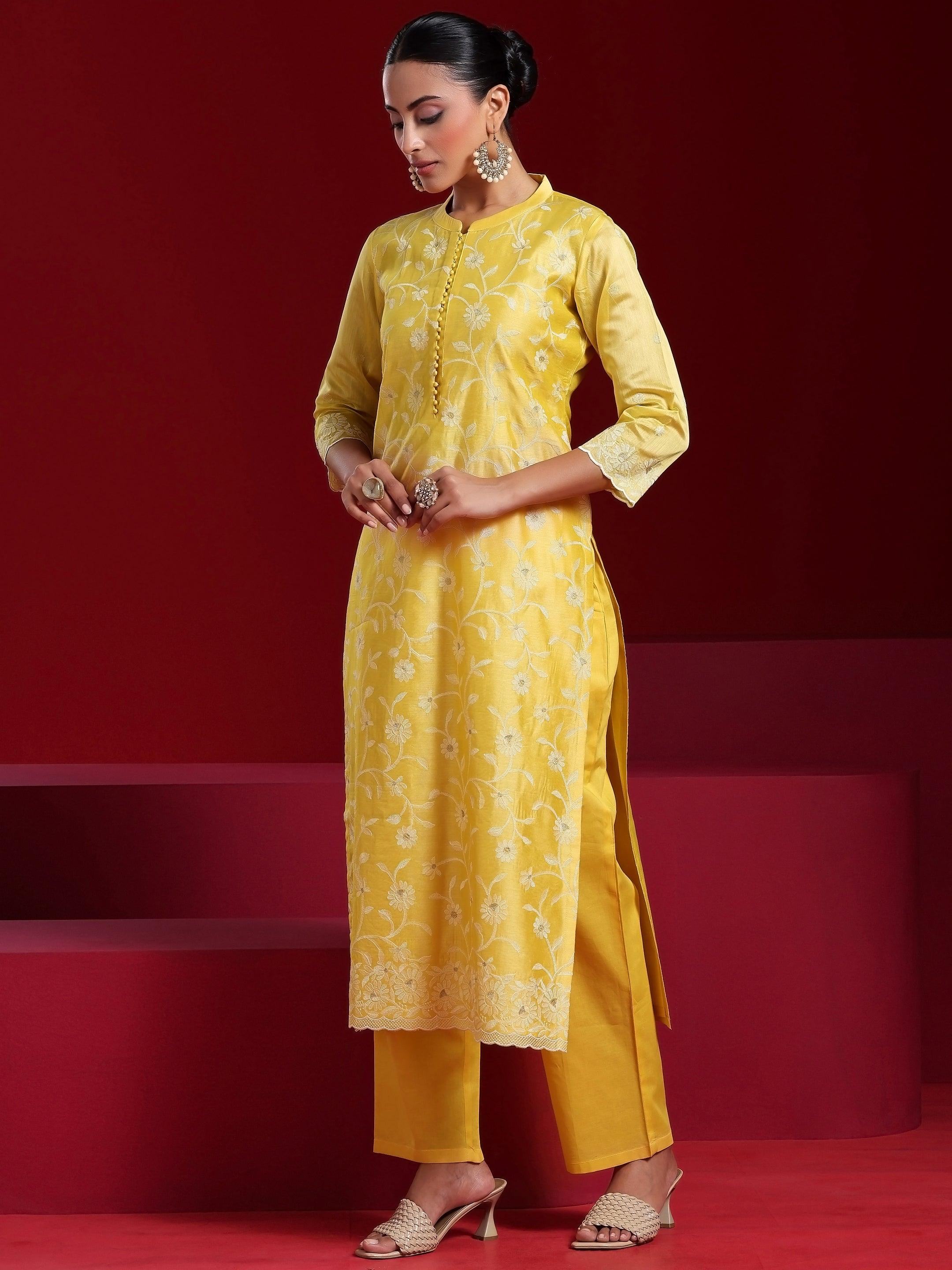 Libas Art Yellow Embroidered Chanderi Silk Straight Suit With Dupatta