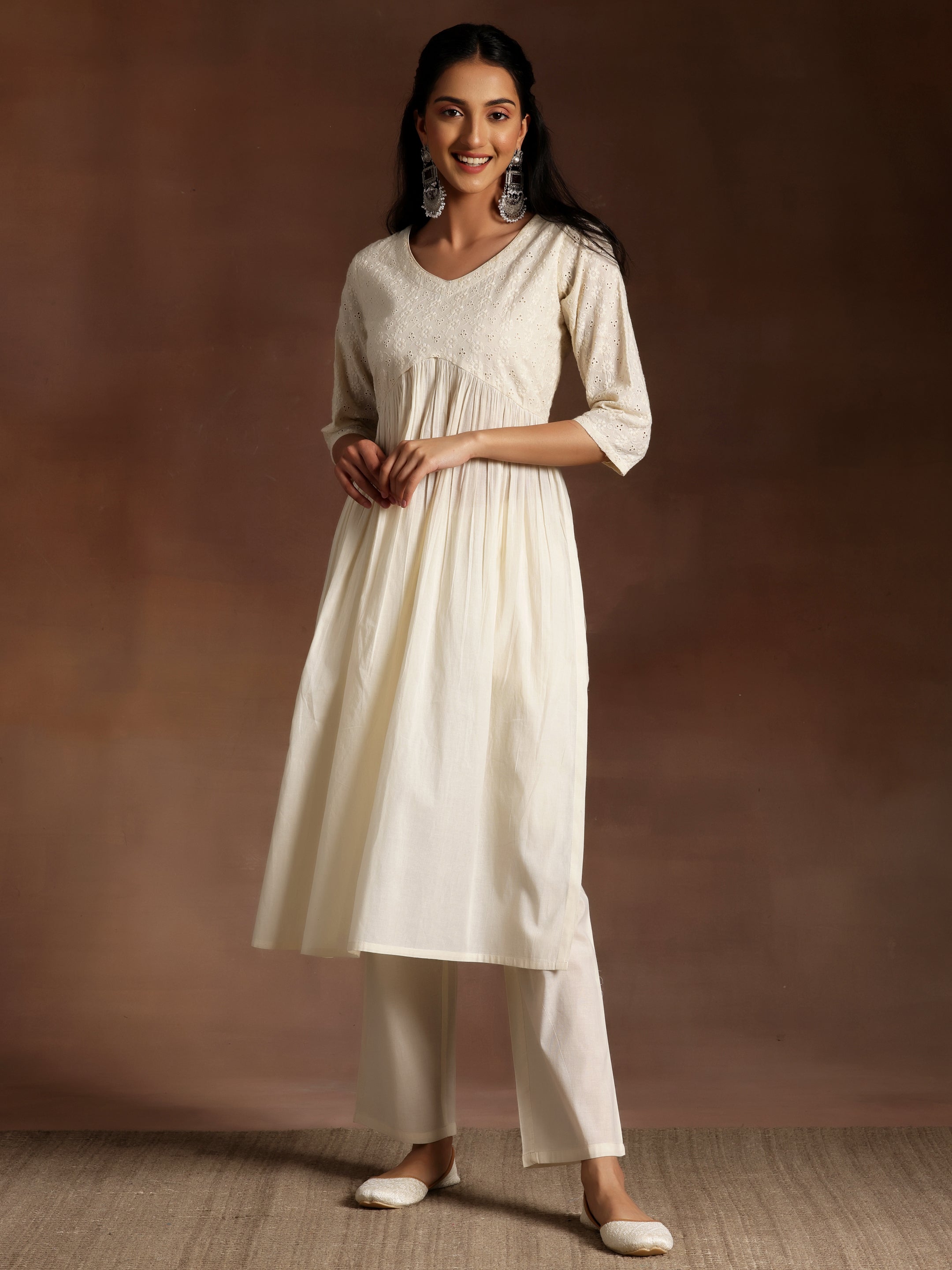 Off White Embroidered Cotton Straight Kurta Set