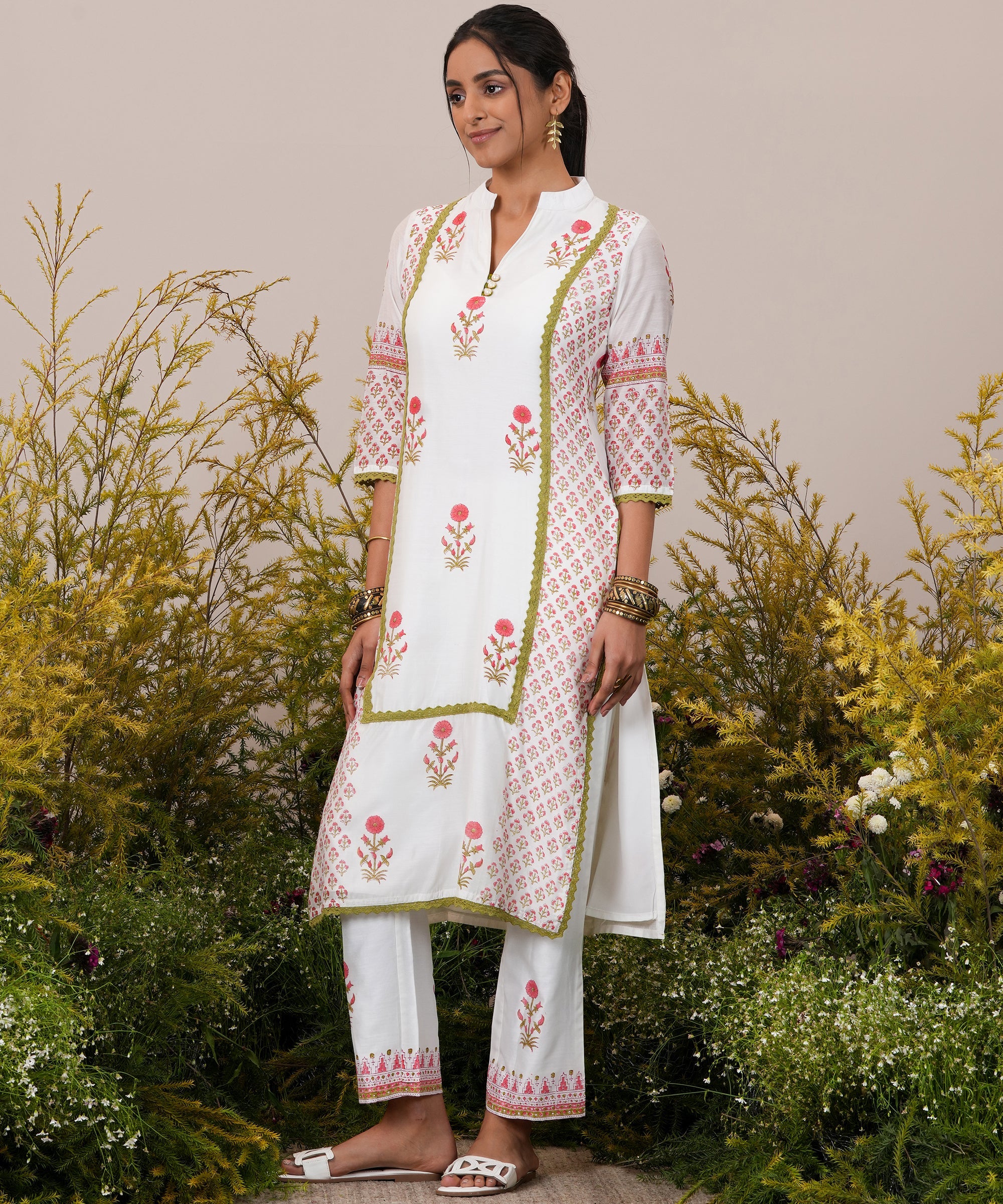 White Printed Chanderi Silk Straight Suit With Dupatta