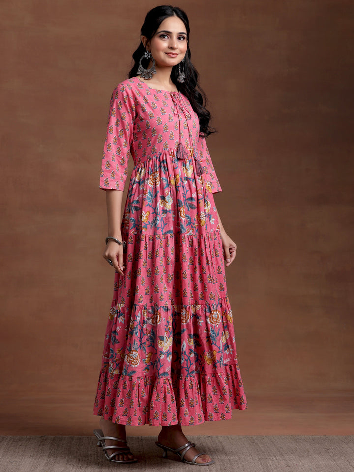 Pink Printed Cotton A-Line Dress