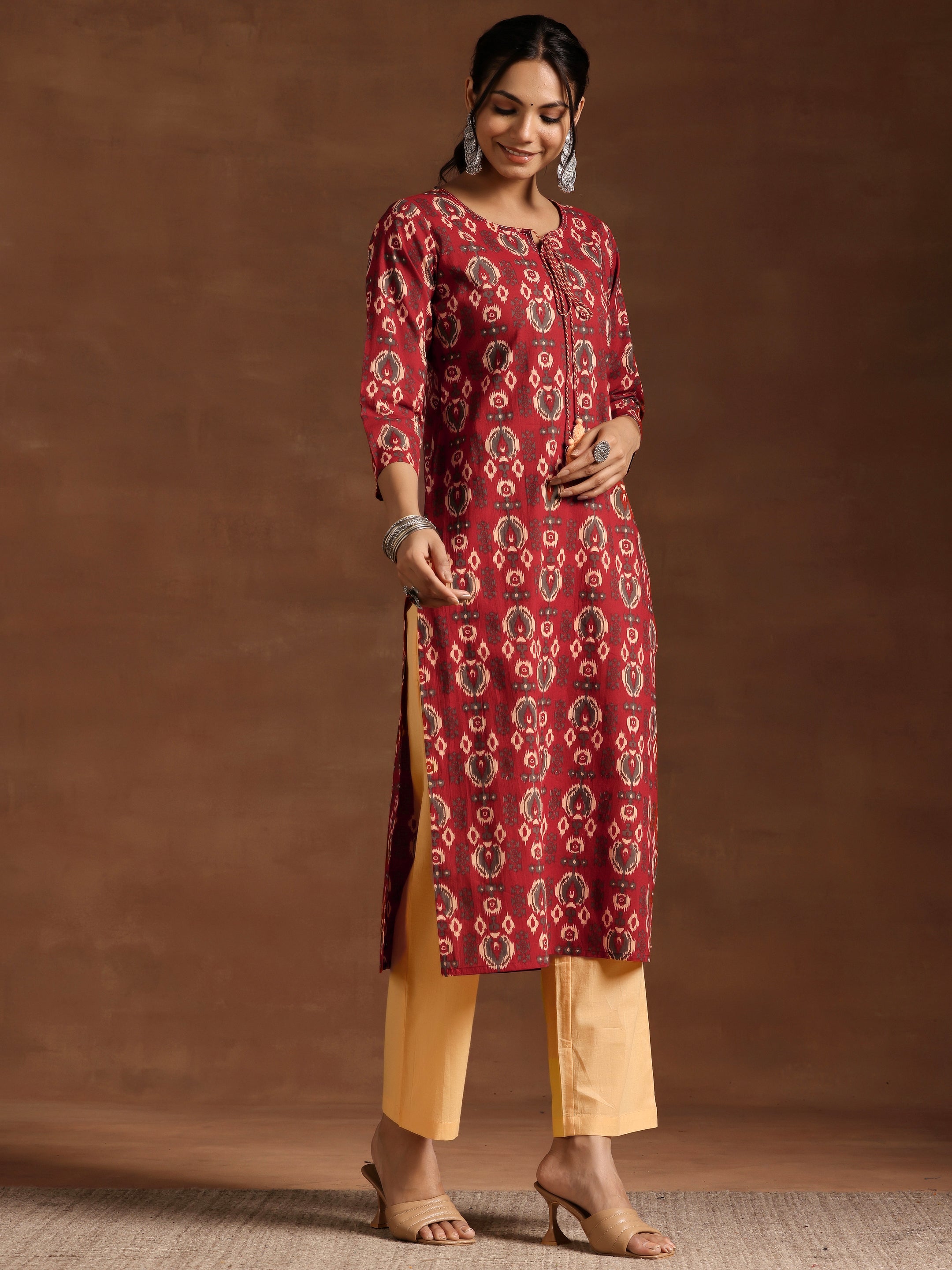 Maroon Printed Cotton Straight Suit With Dupatta