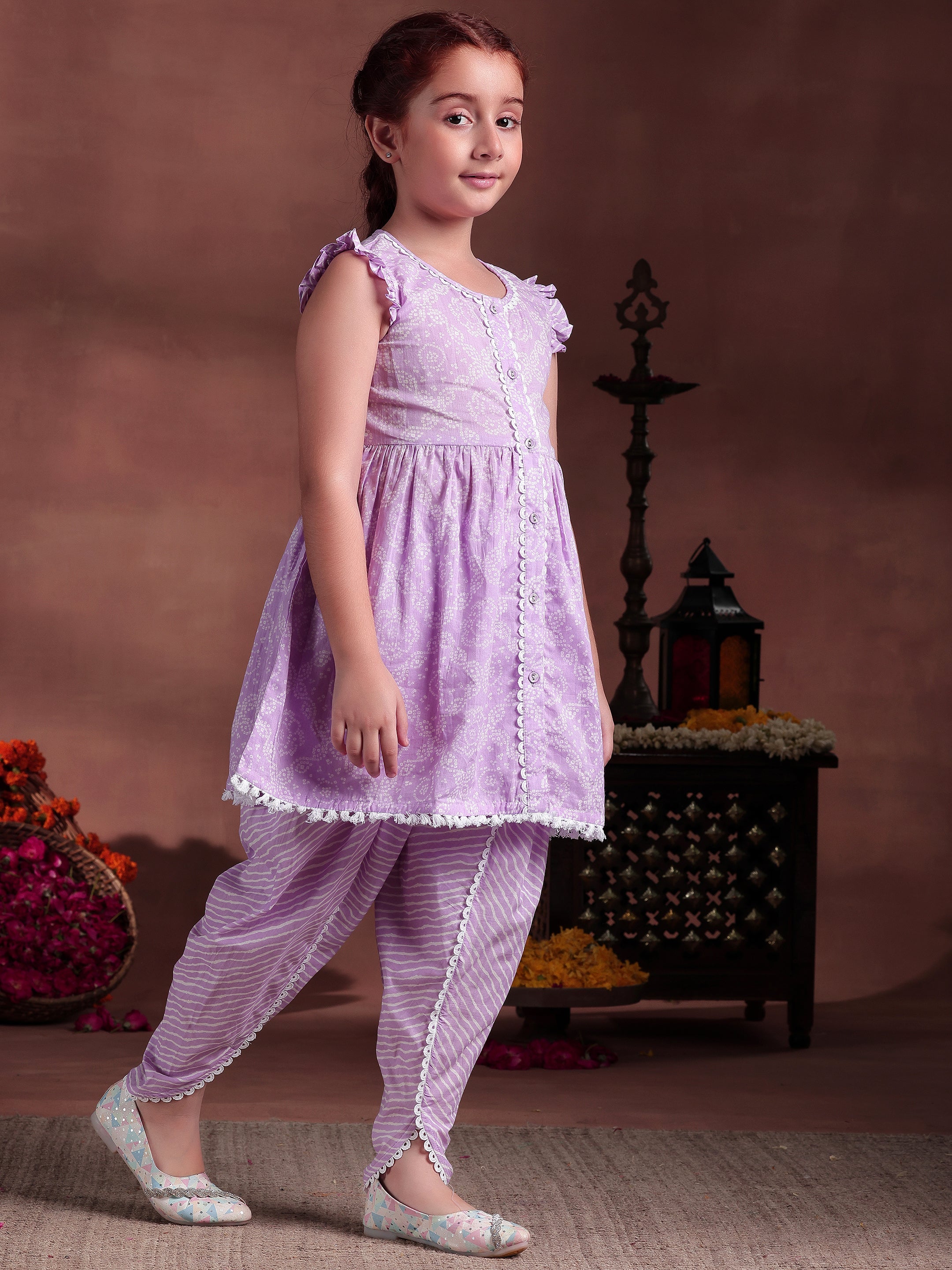 Kids Purple Printed Cotton Straight Suit With Dupatta