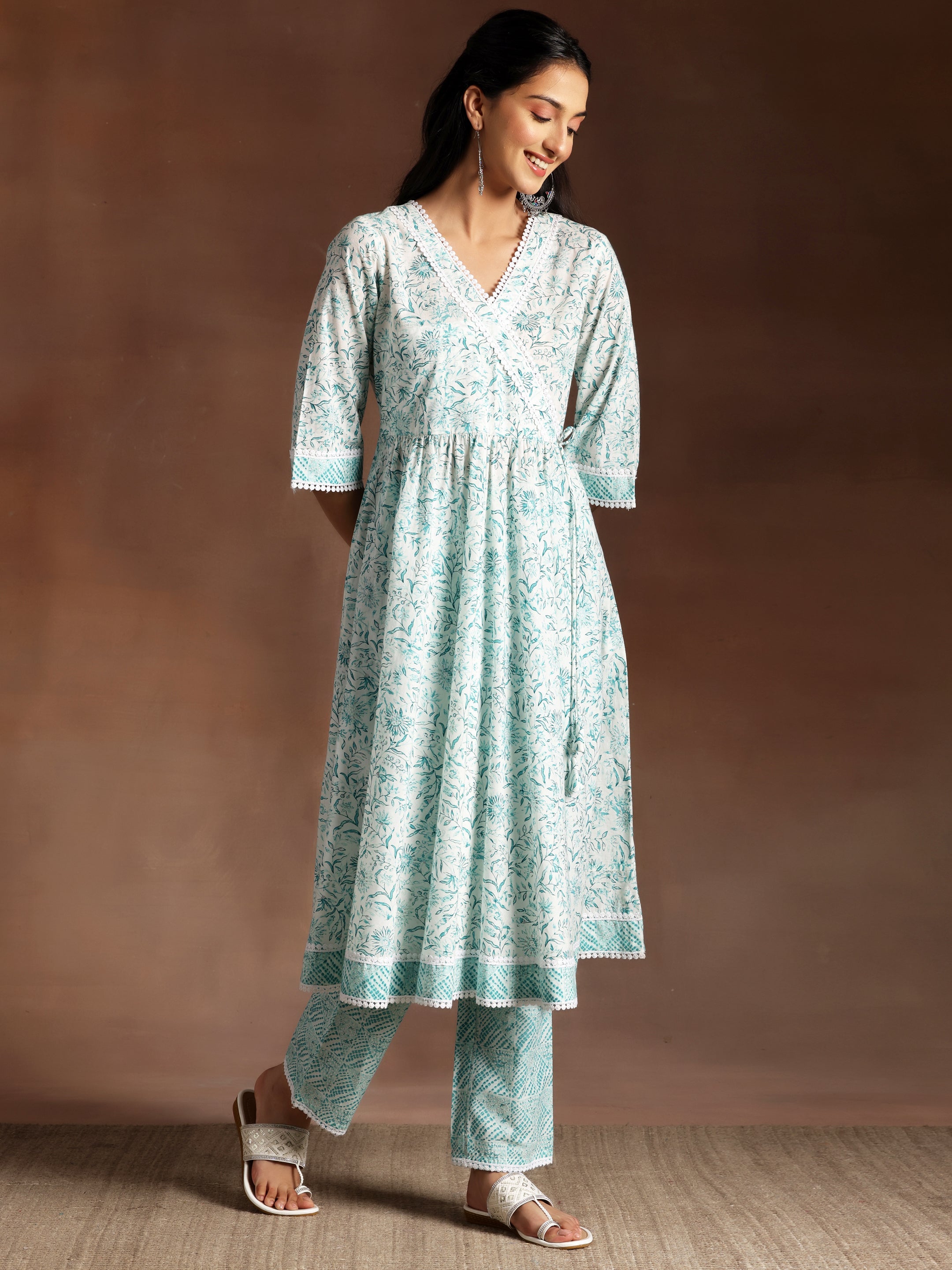 White Printed Cotton A-Line Kurta With Trousers & Dupatta