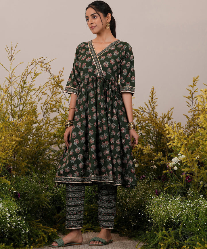 Green Printed Cotton Anarkali Kurta With Trousers & Dupatta - ShopLibas