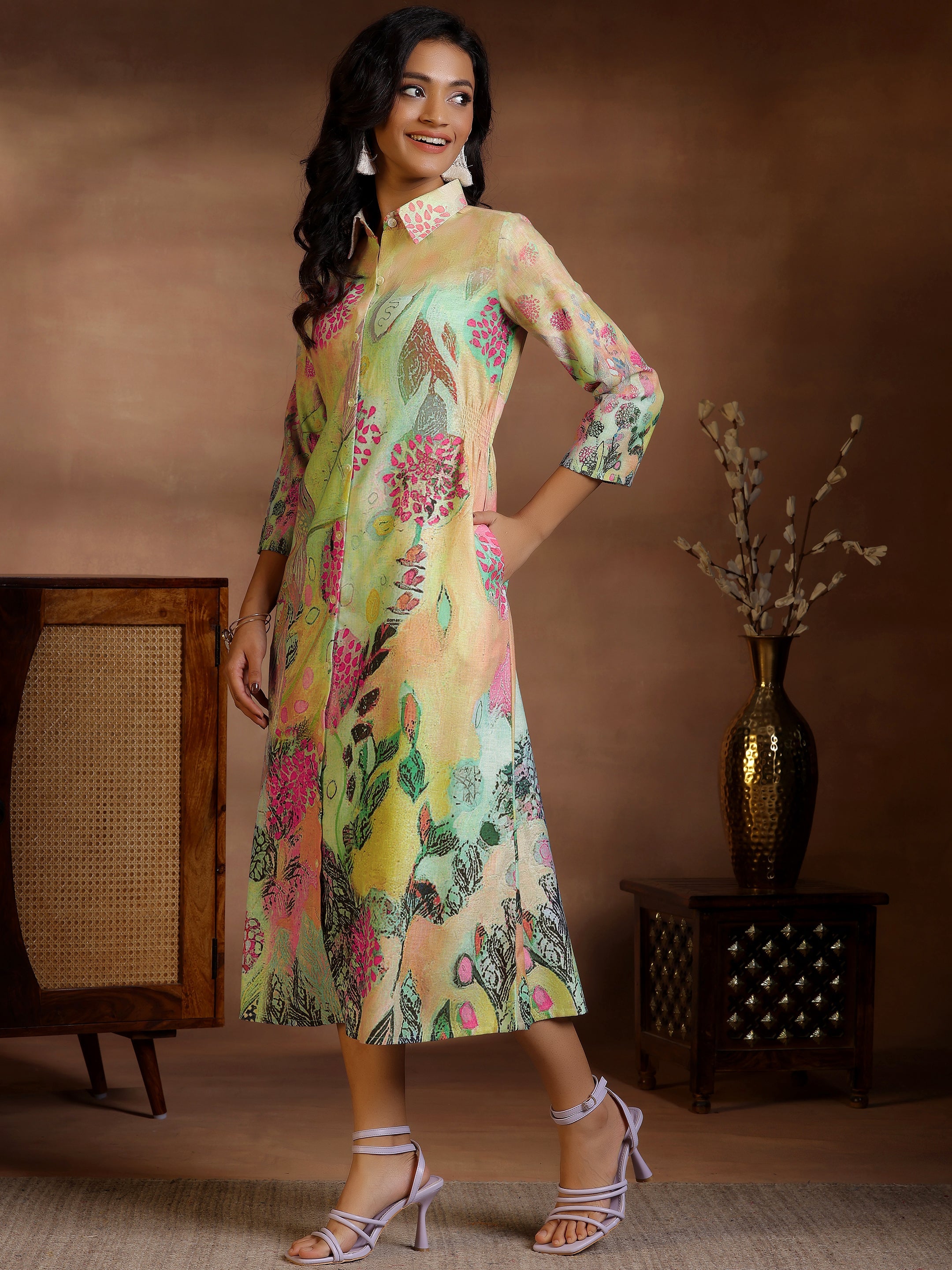 Multi Printed Linen Shirt Dress