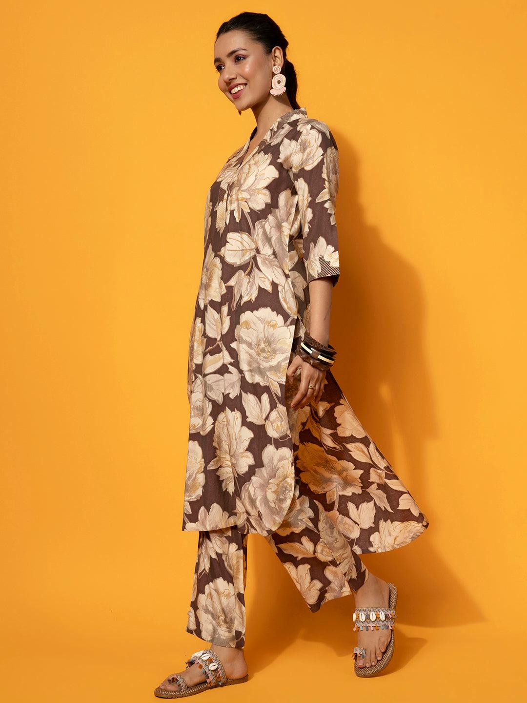 Brown Printed Silk Blend Co-Ords