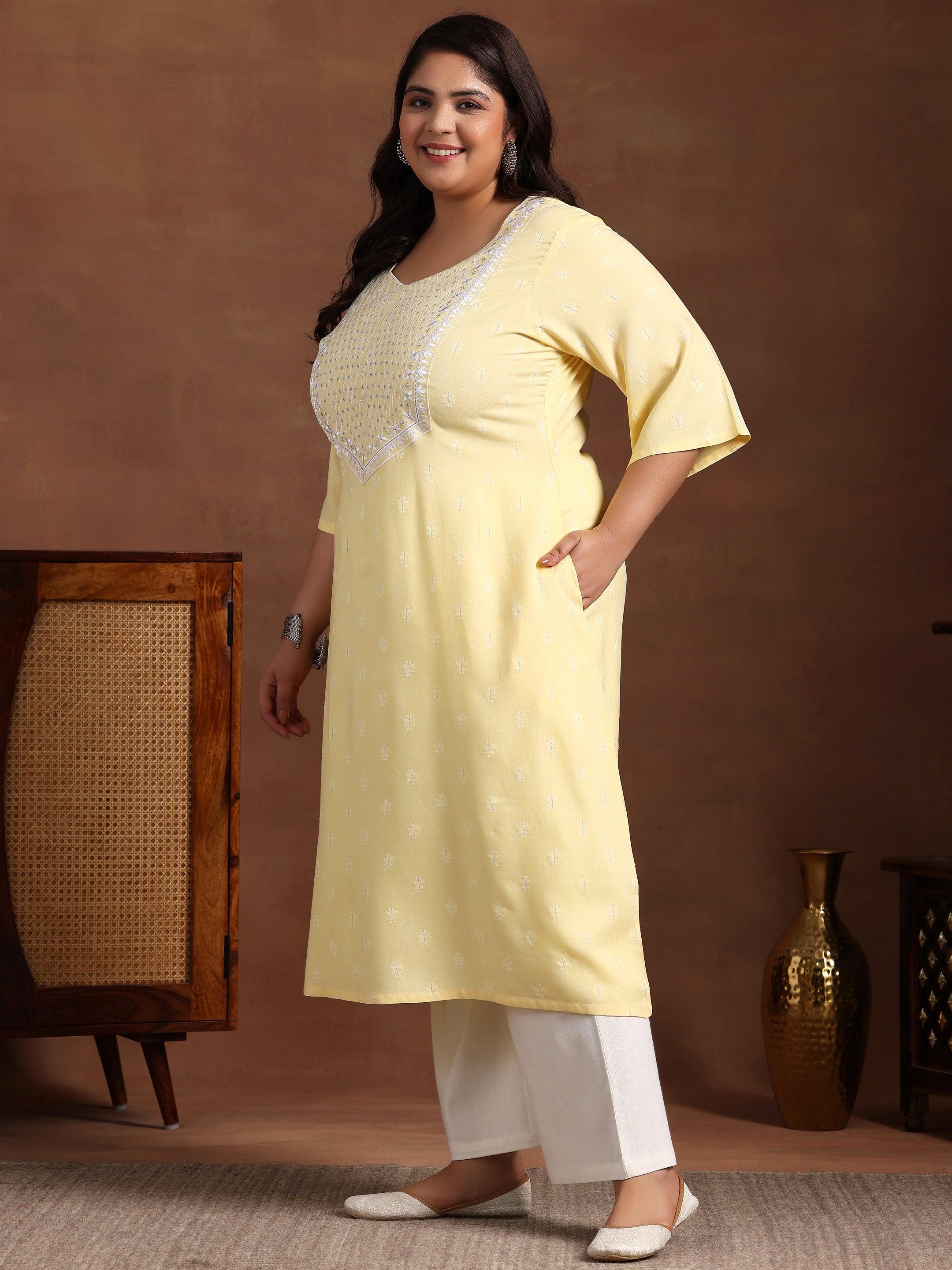 Plus Size Yellow Woven Design Rayon Straight Kurta