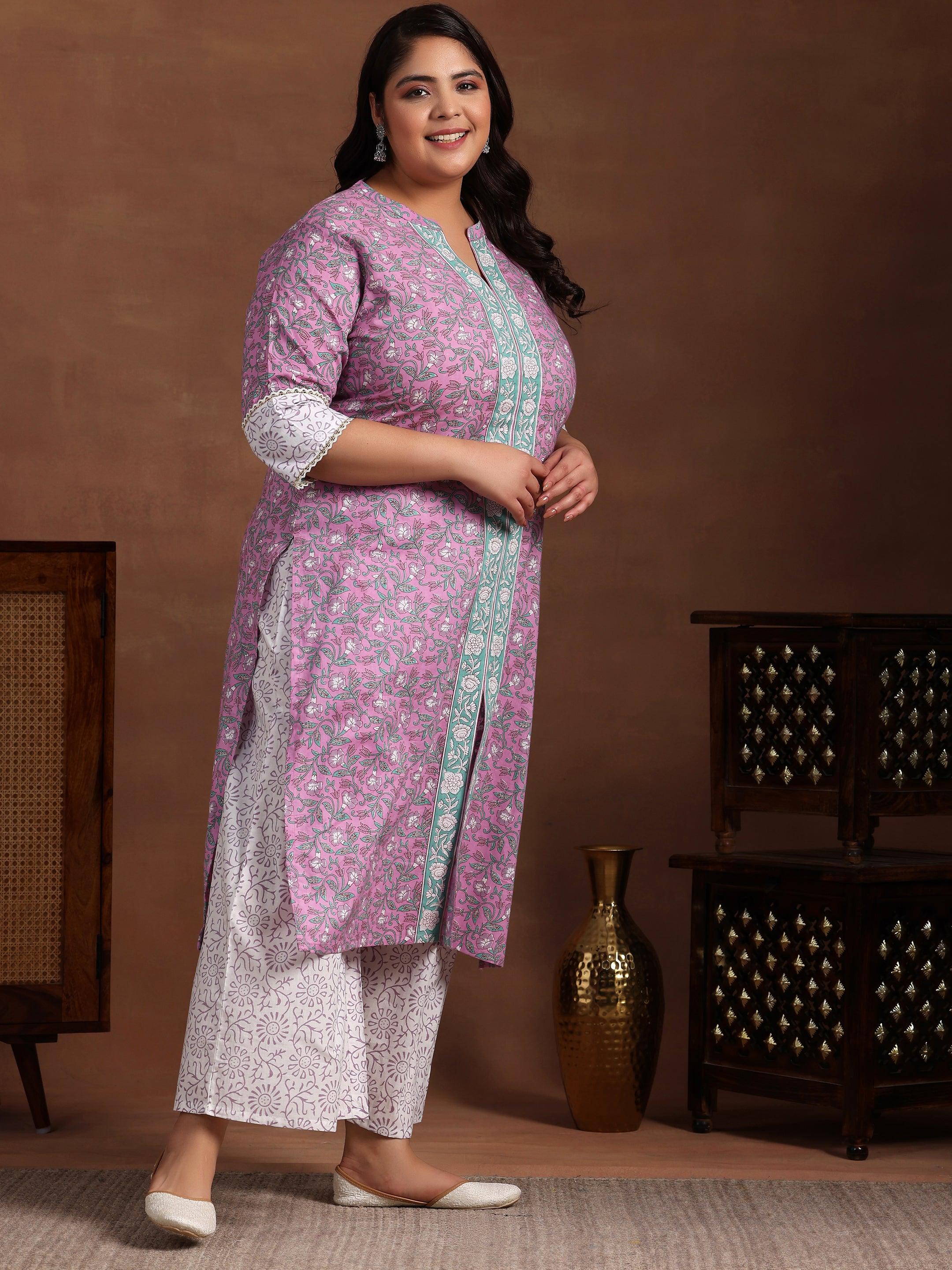 Plus Size Pink Printed Cotton Straight Suit With Dupatta