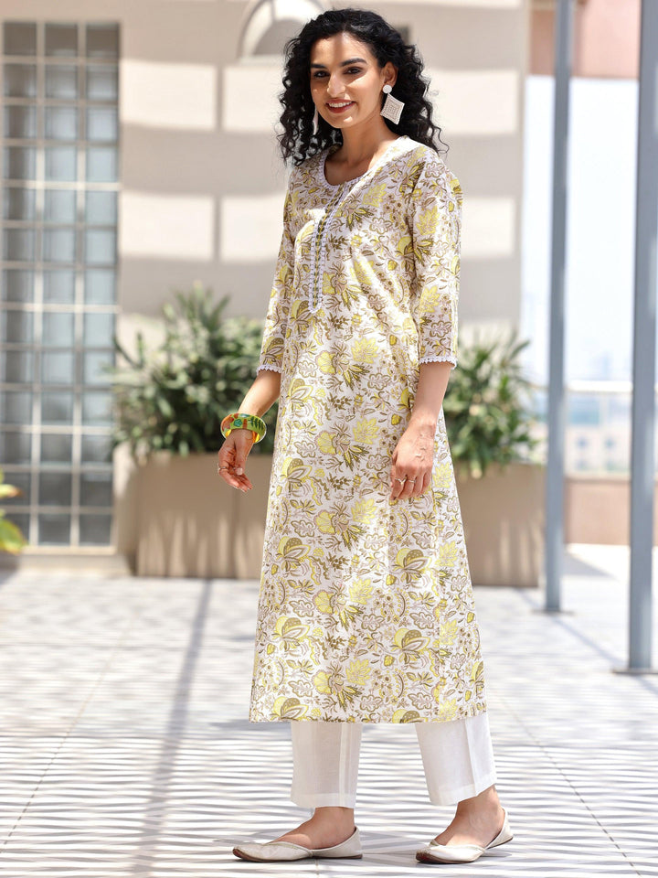 Off white Printed Cotton Straight Suit With Dupatta - Libas