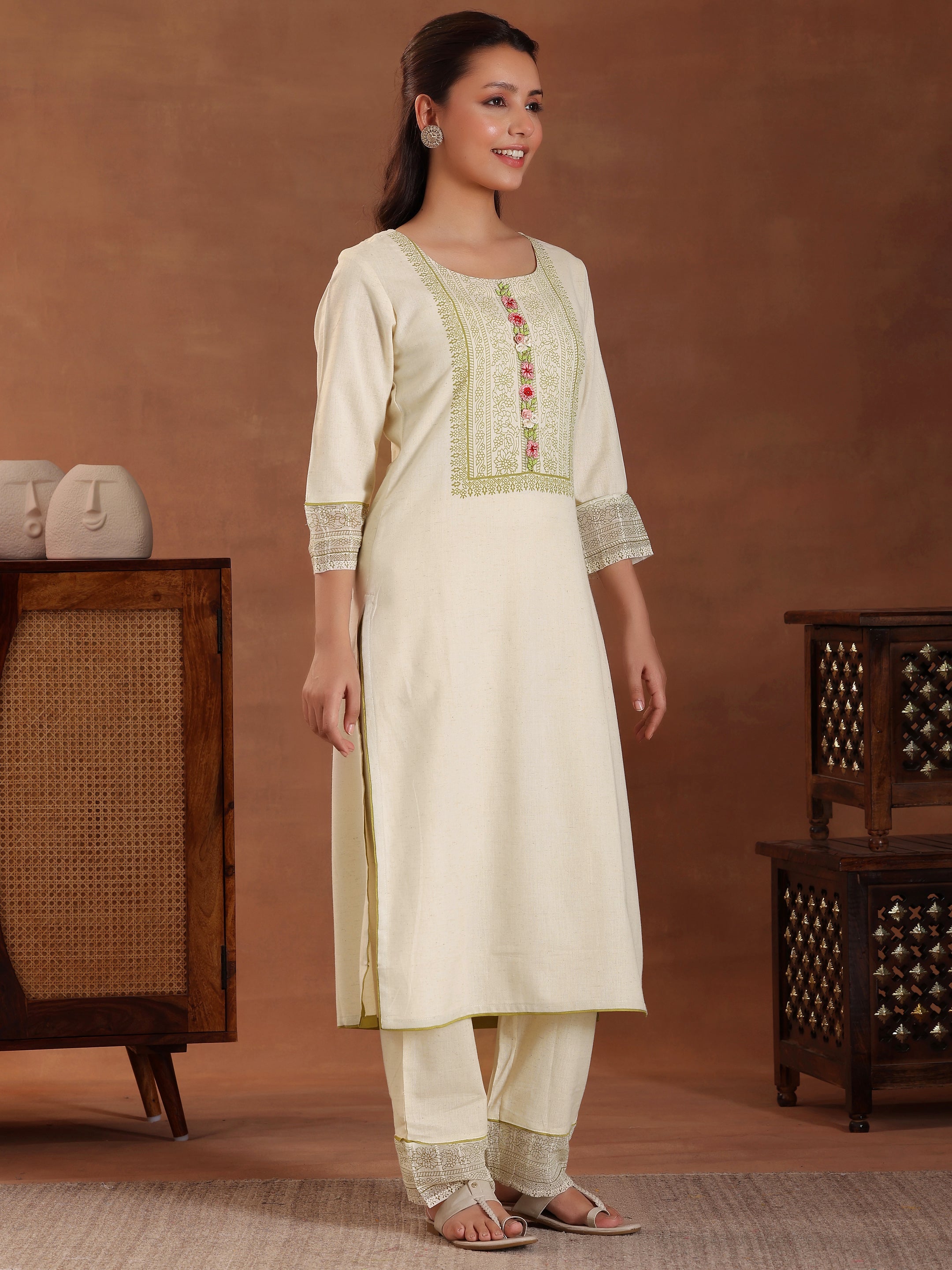 Off White Yoke Design Cotton Straight Suit With Dupatta