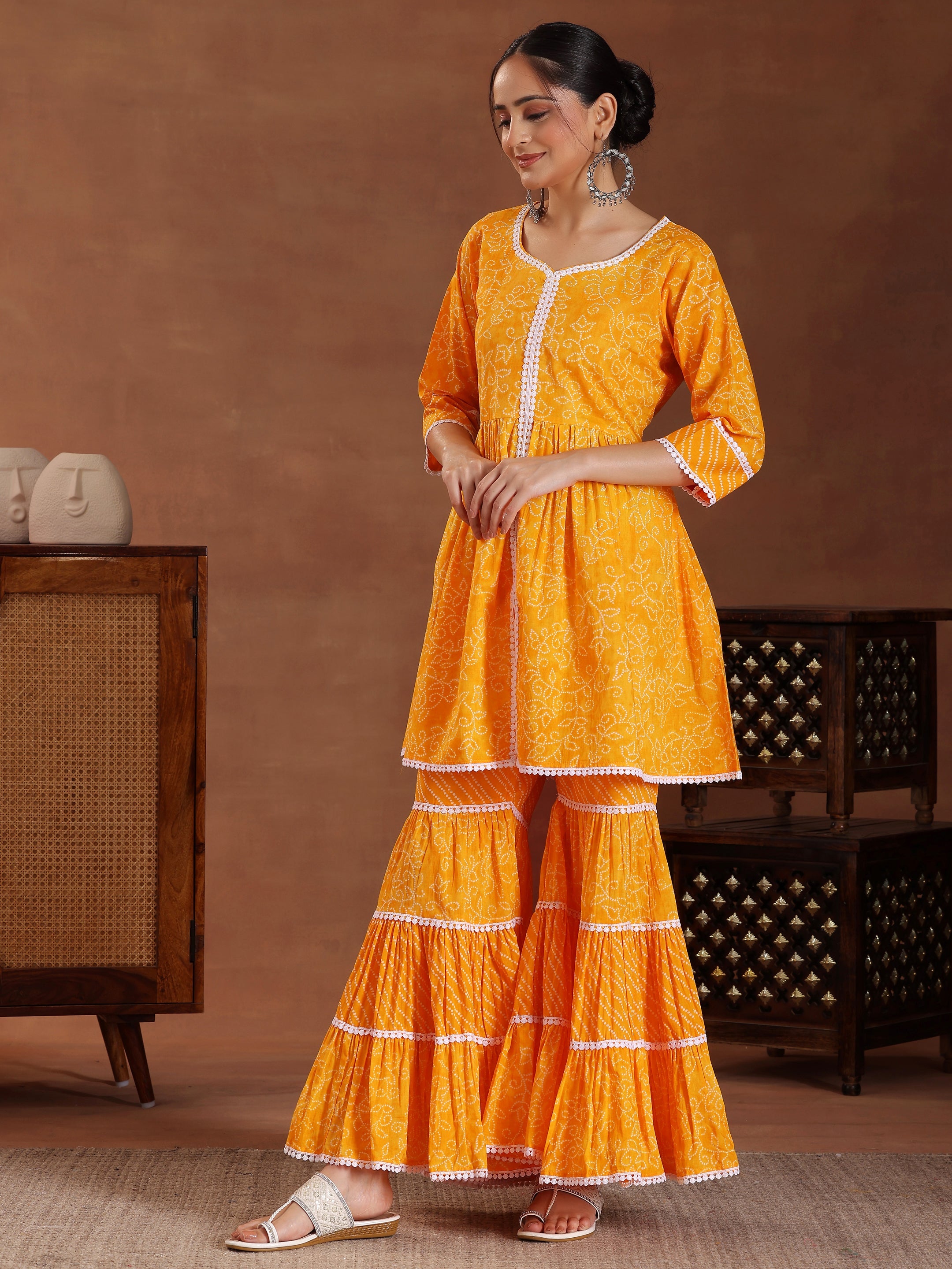 Mustard Printed Pure Cotton A-Line Kurti With Sharara & Dupatta