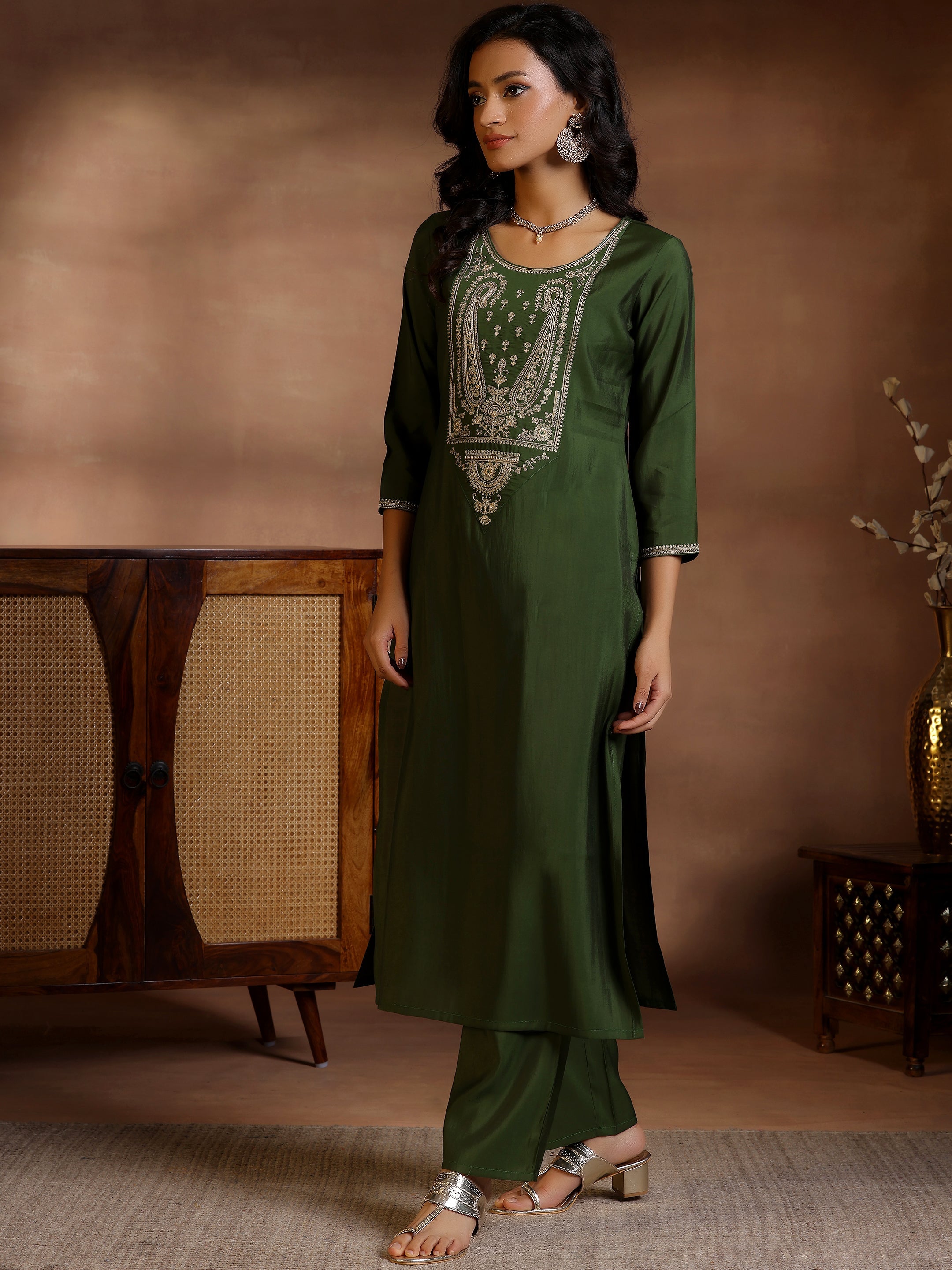 Olive Yoke Design Silk Blend Straight Suits With Dupatta