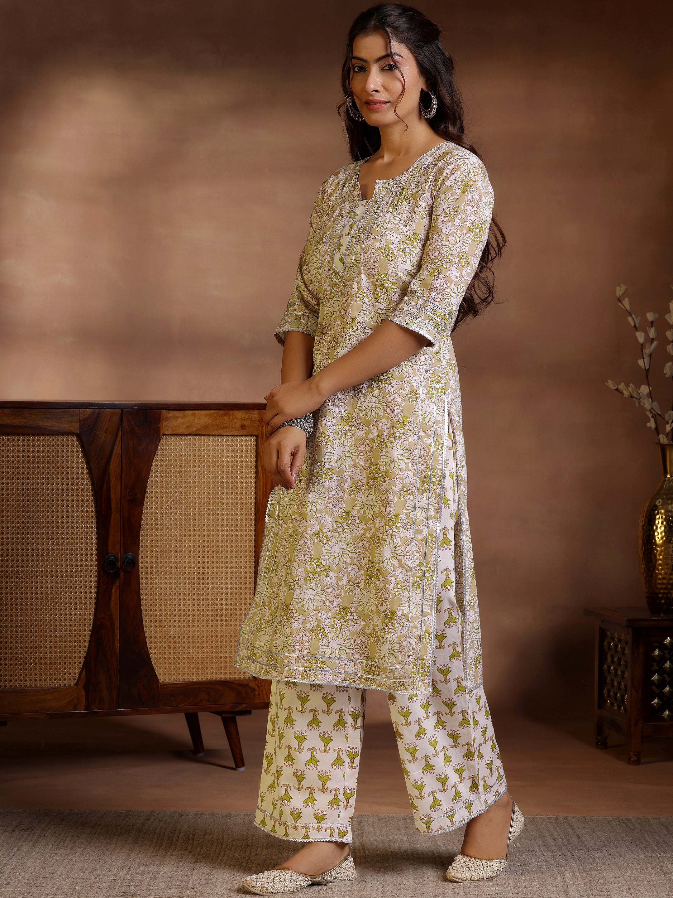 Beige Printed Cotton Straight Suit With Dupatta