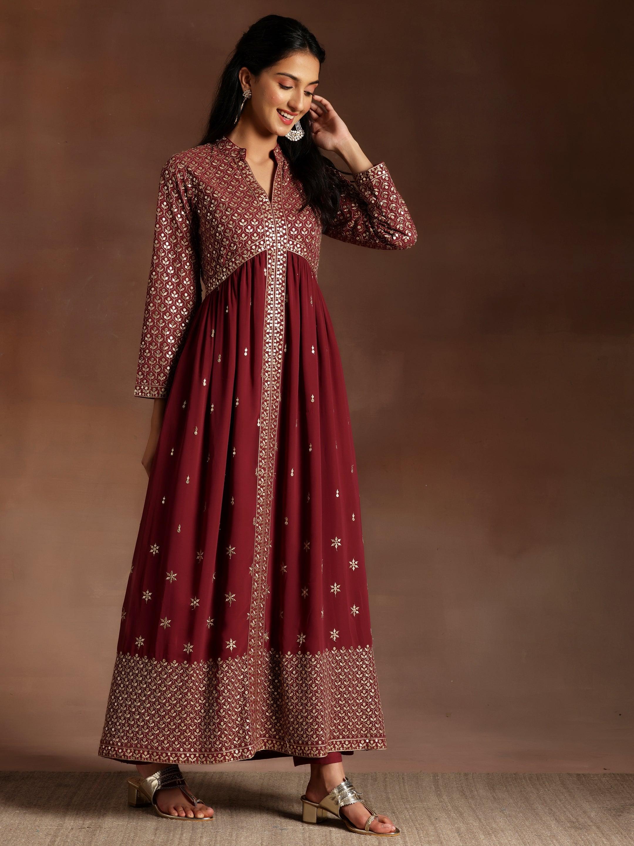 Chandni Mauve Embroidered Georgette A-Line Kurta With Trousers & Dupatta