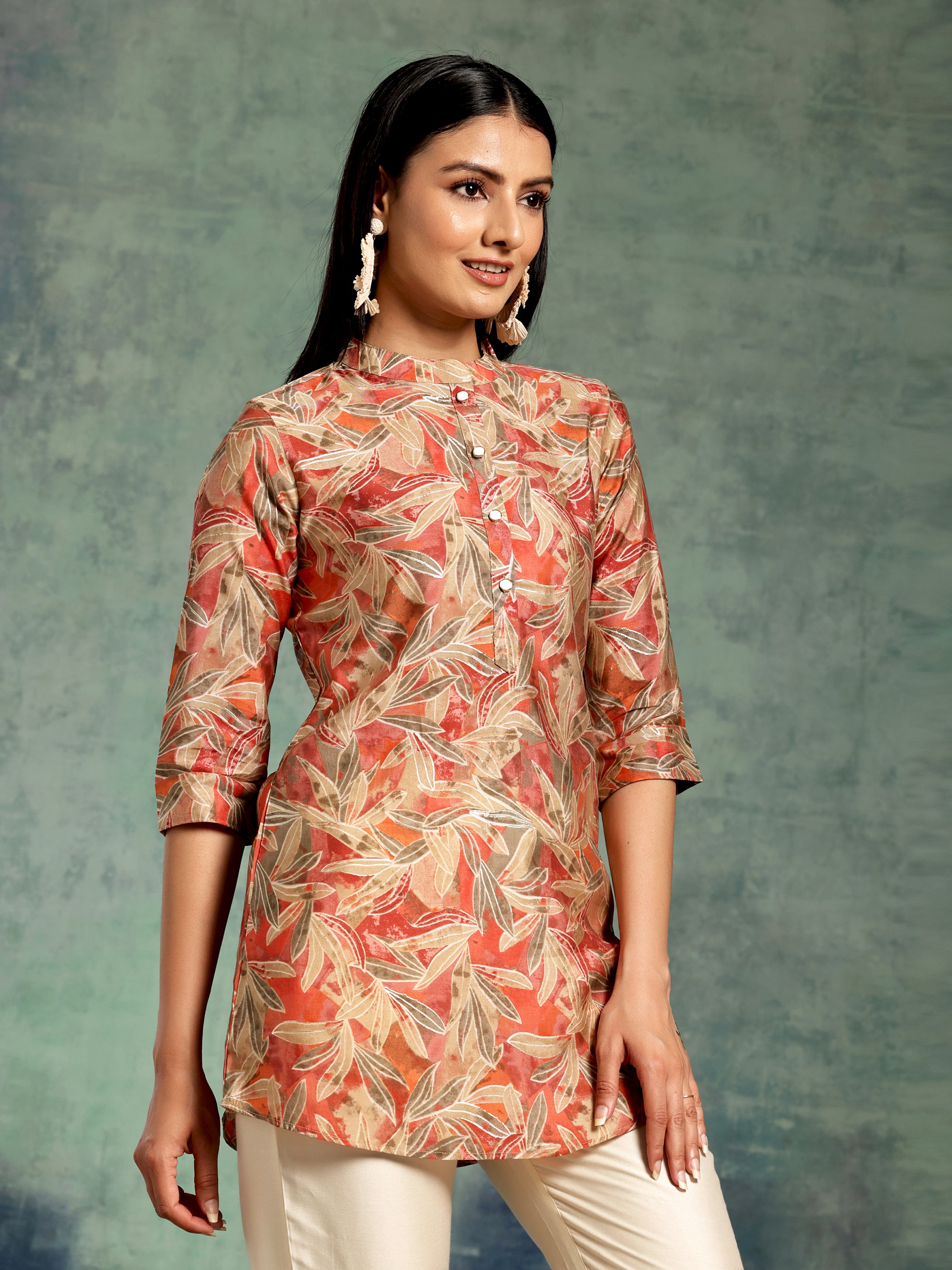 Beige Printed Silk Blend Straight Kurti