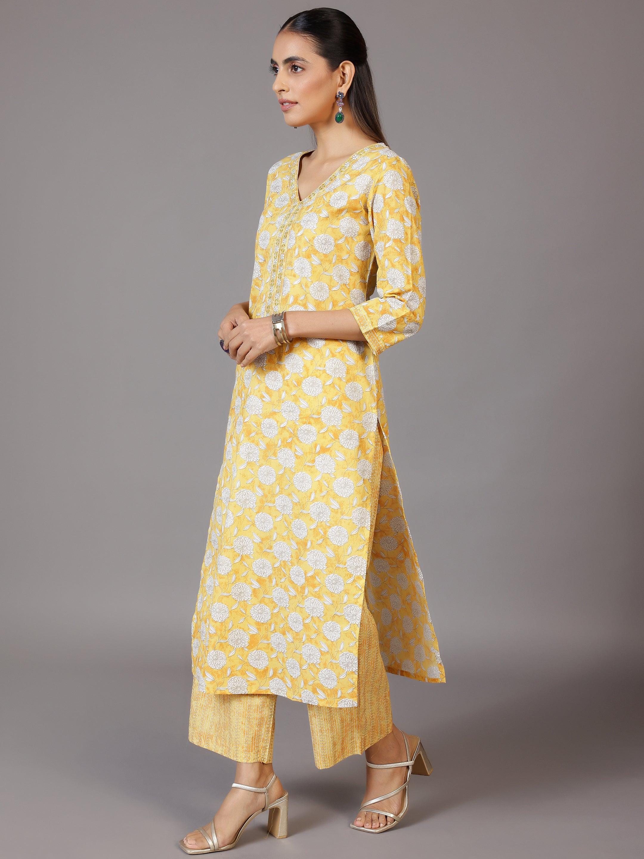 Yellow Printed Cotton Straight Suit With Dupatta