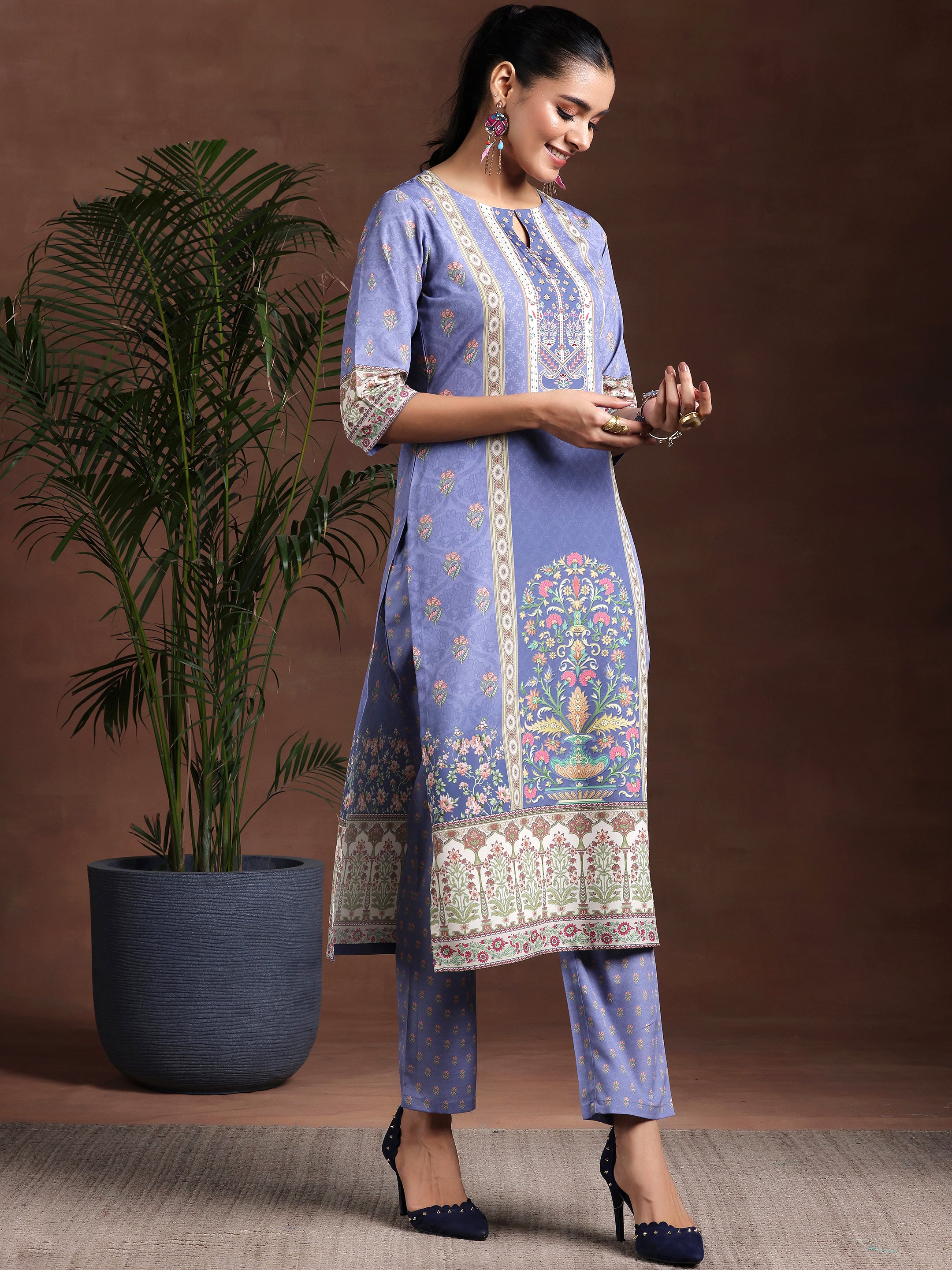 Purple Printed Poly Crepe Straight Suit With Dupatta