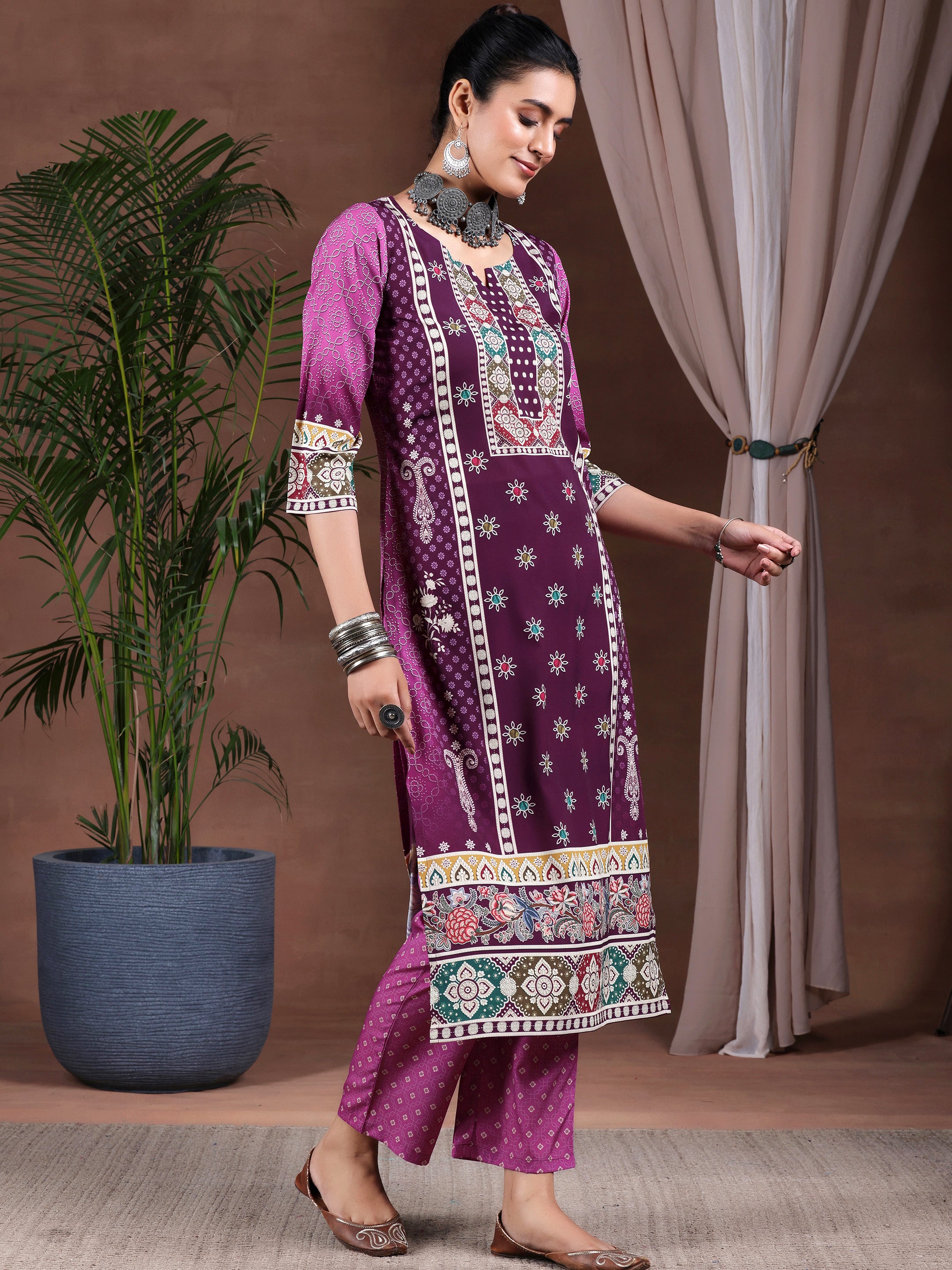 Wine Printed Poly Crepe Straight Suit With Dupatta