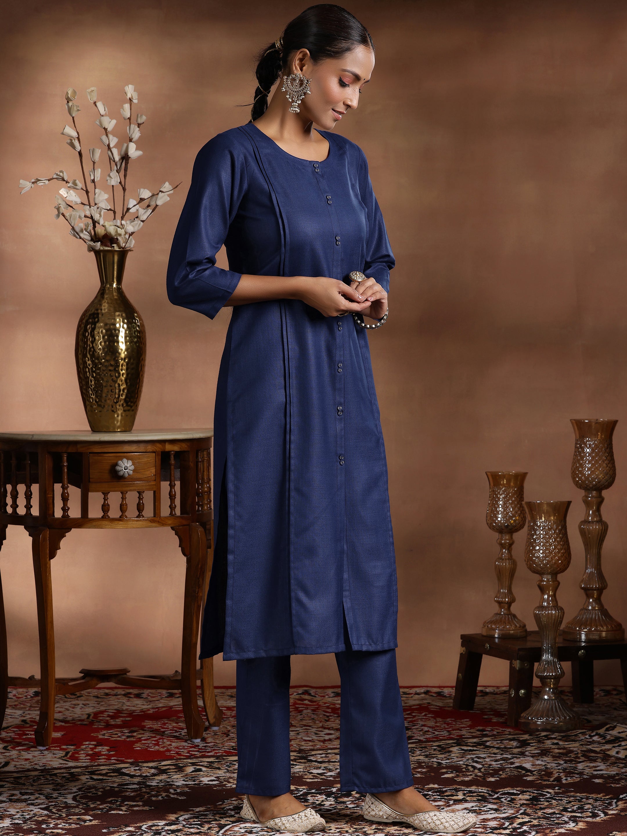 Navy Blue Solid Cotton Blend Straight Suit With Dupatta