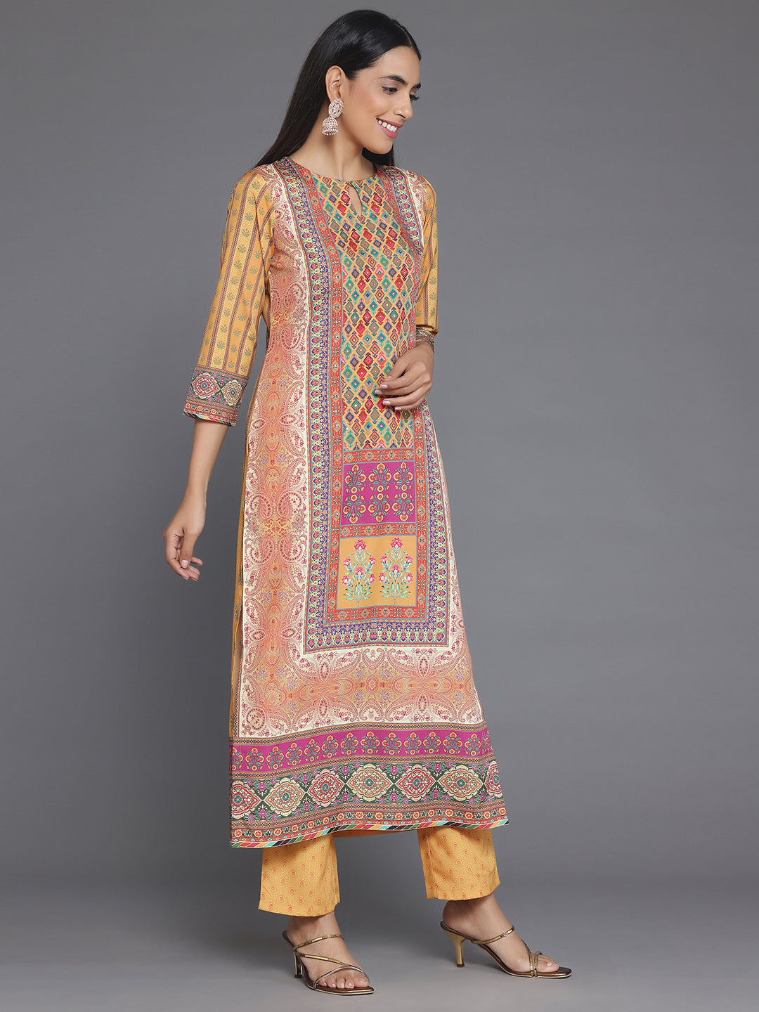 Mustard Printed Poly Crepe Straight Suit With Dupatta