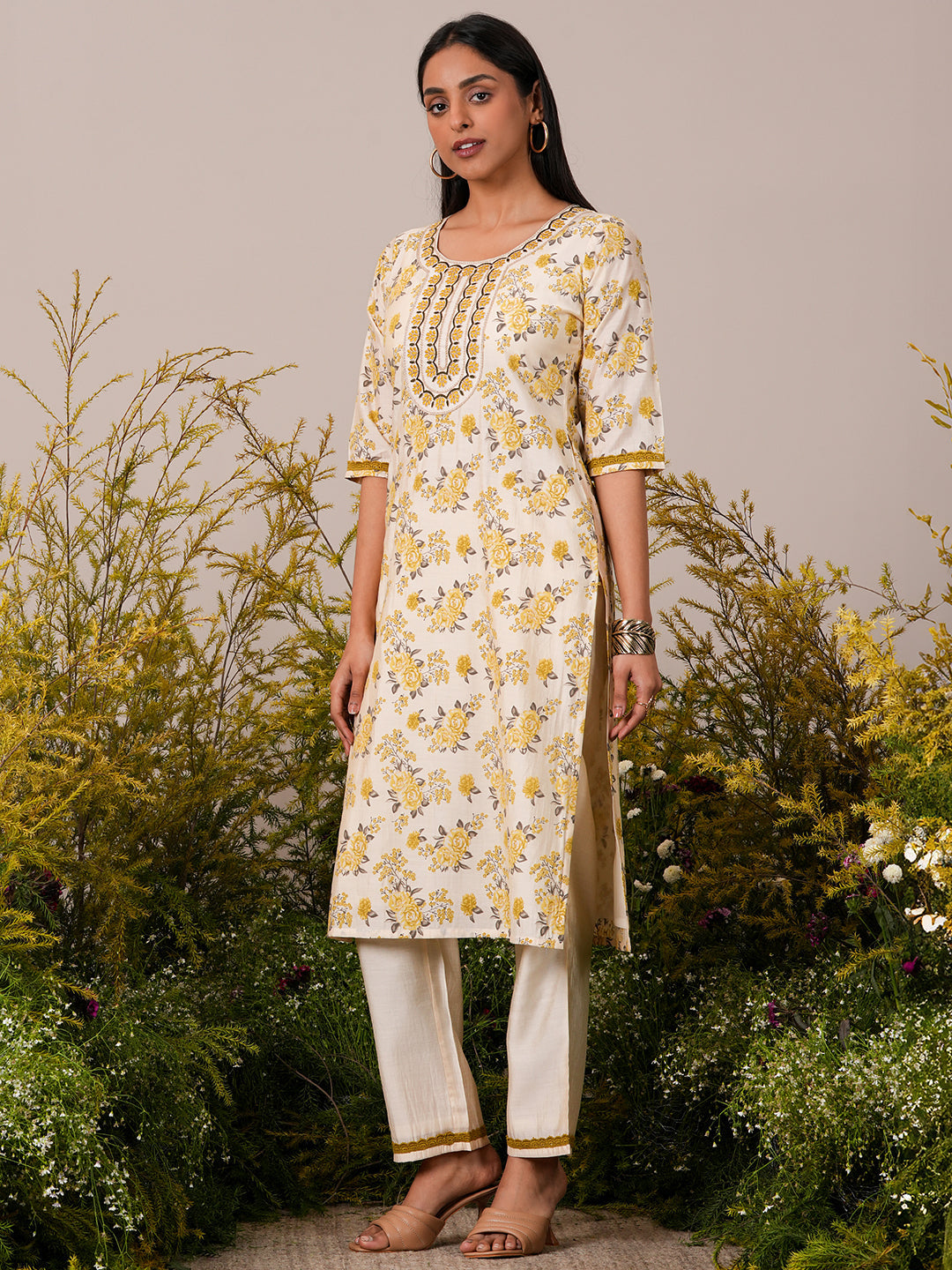 Beige Printed Chanderi Silk Straight Kurta Set