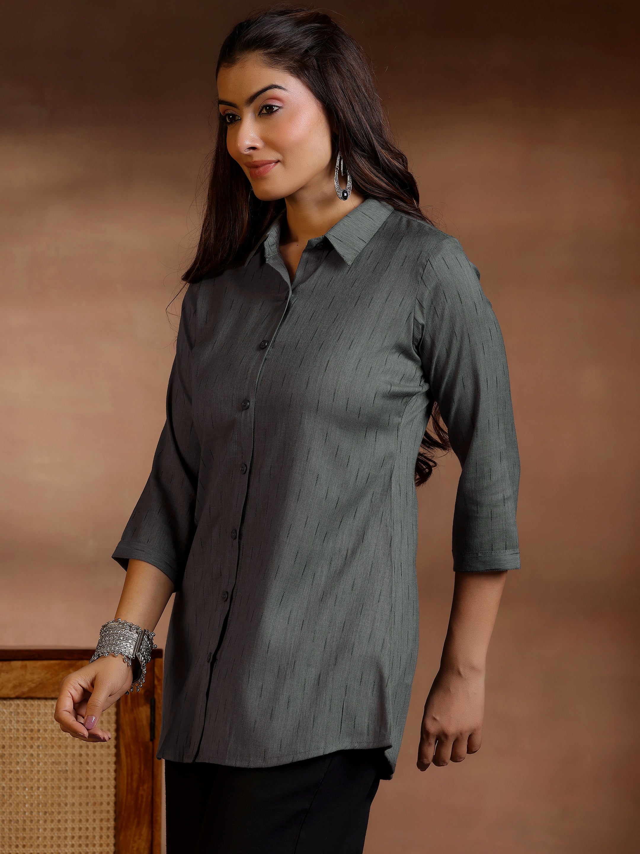 Grey Woven Design Cotton Blend Straight Kurti