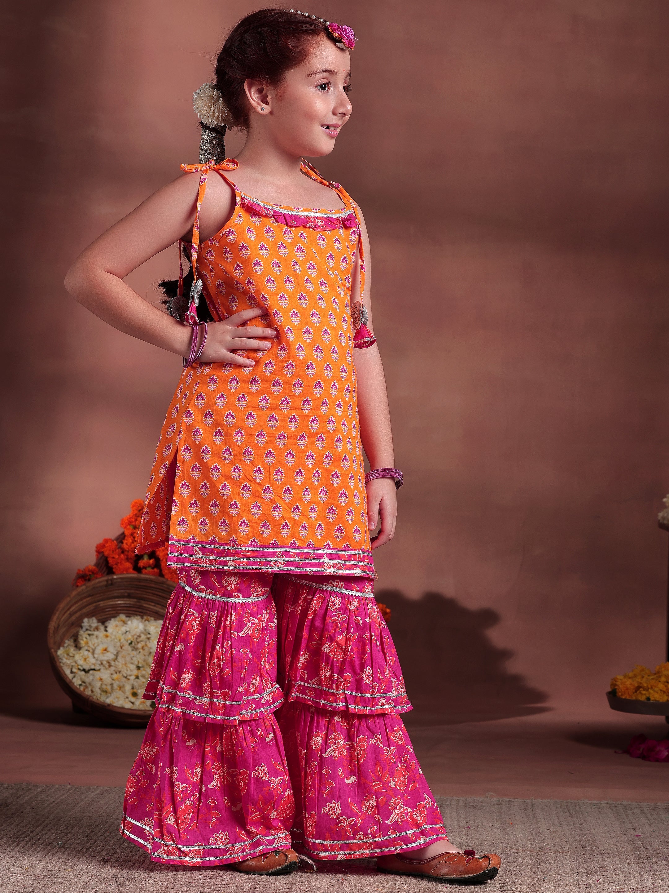 Kids Orange Printed Cotton Straight Suit With Dupatta