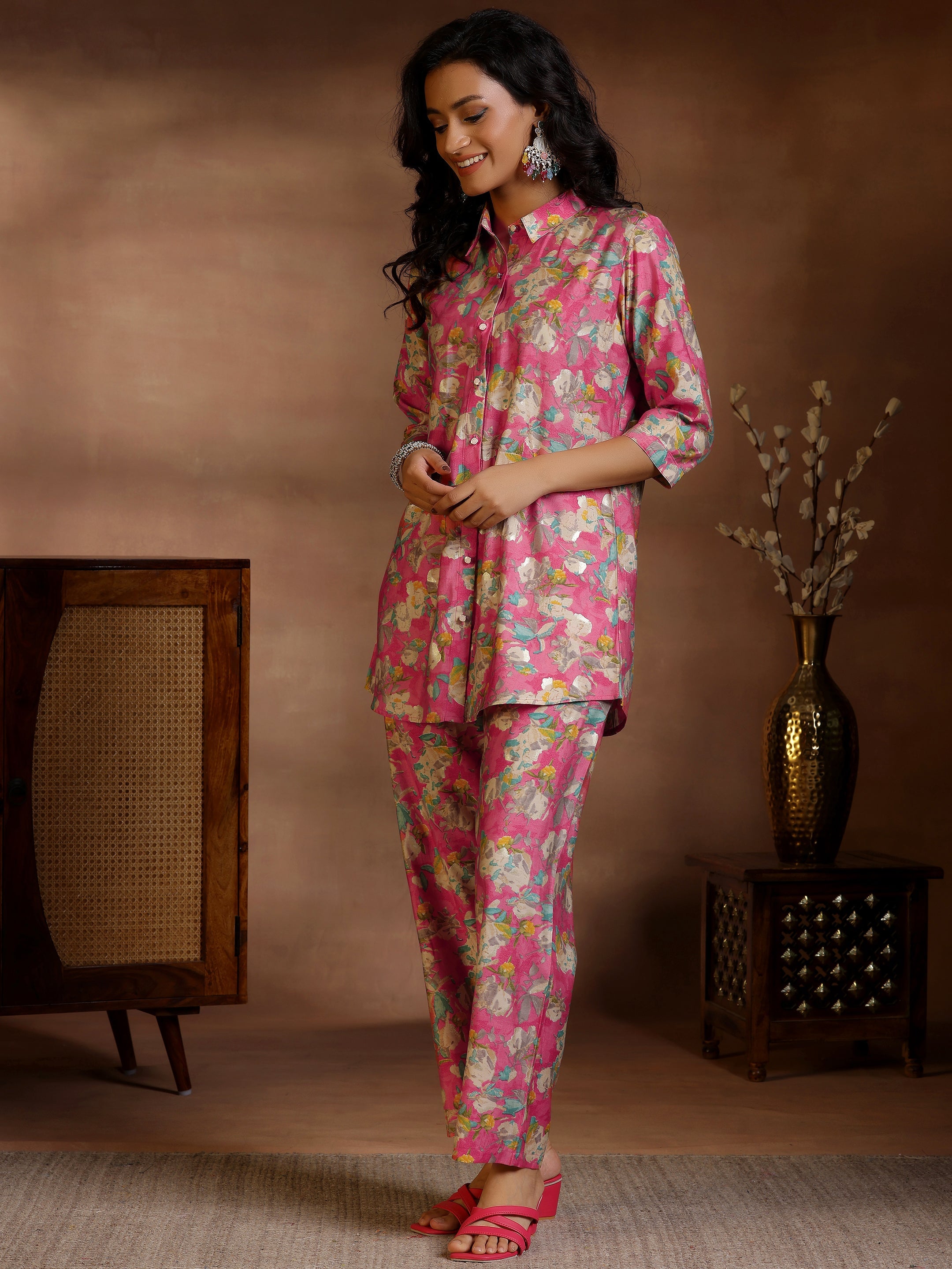 Pink Printed Silk Blend Co-Ords