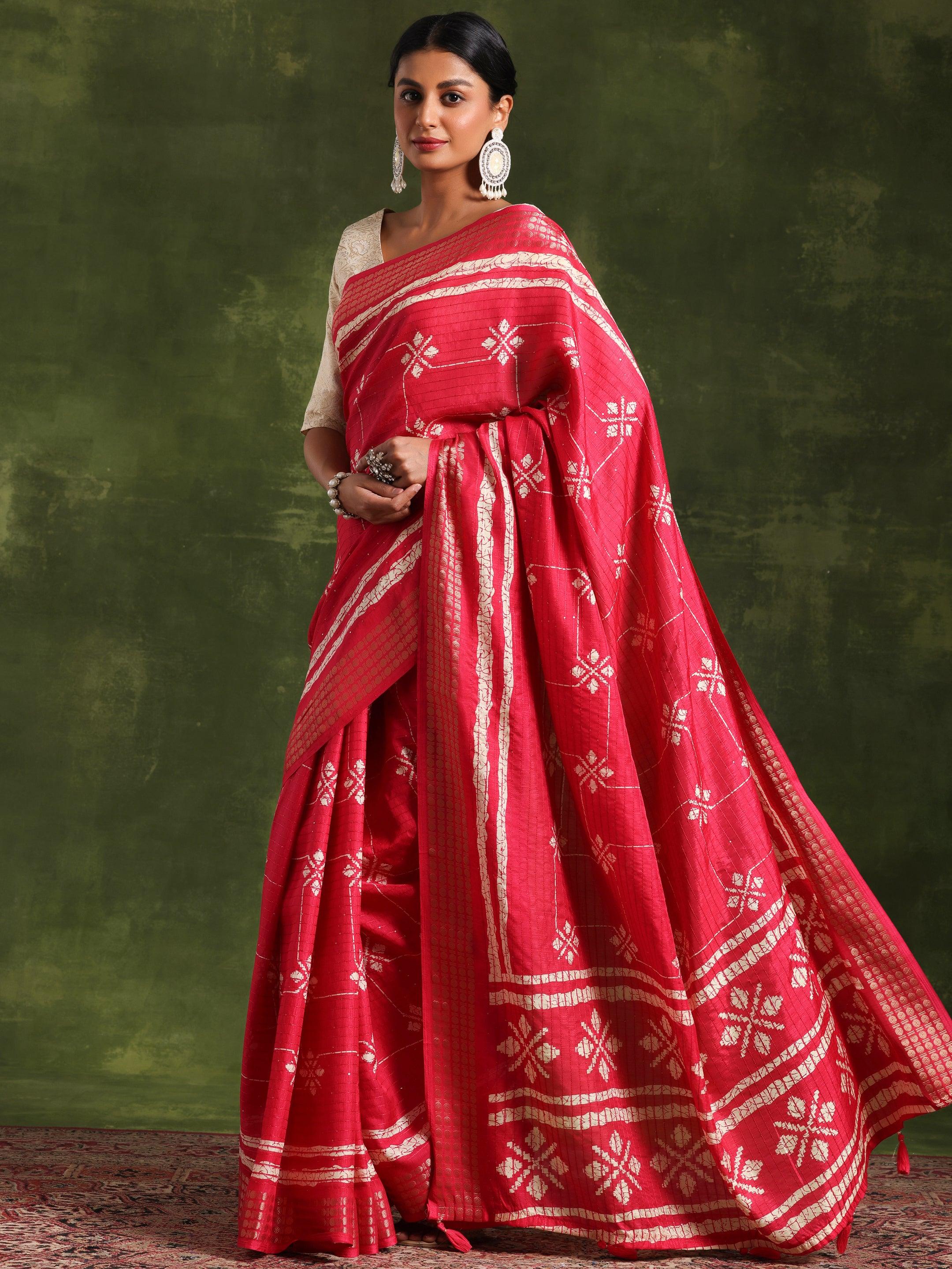 Pink Printed Silk Blend Saree With Unstitched Blouse Piece