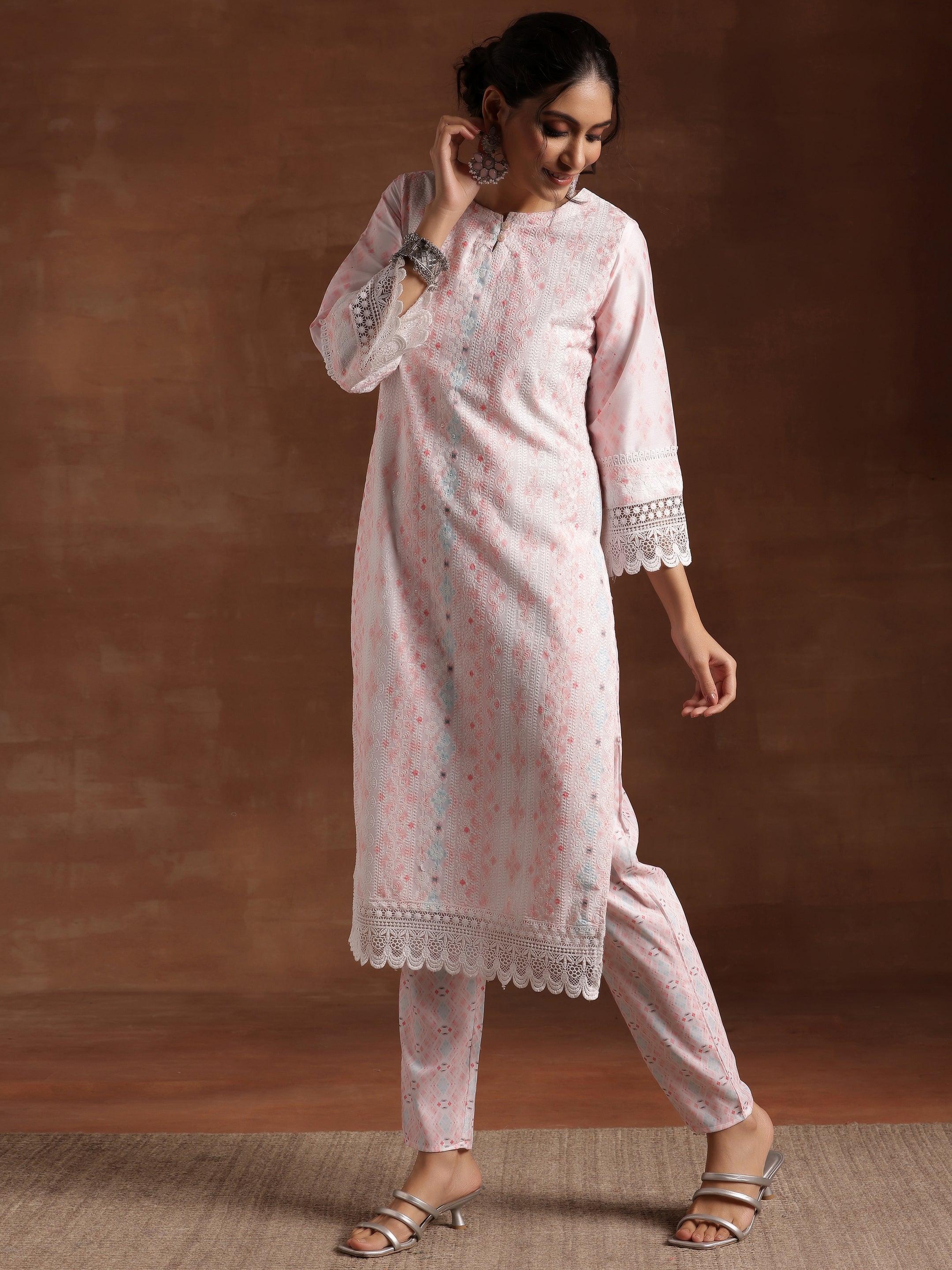 Peach Embroidered Cotton Blend Straight Suit With Dupatta