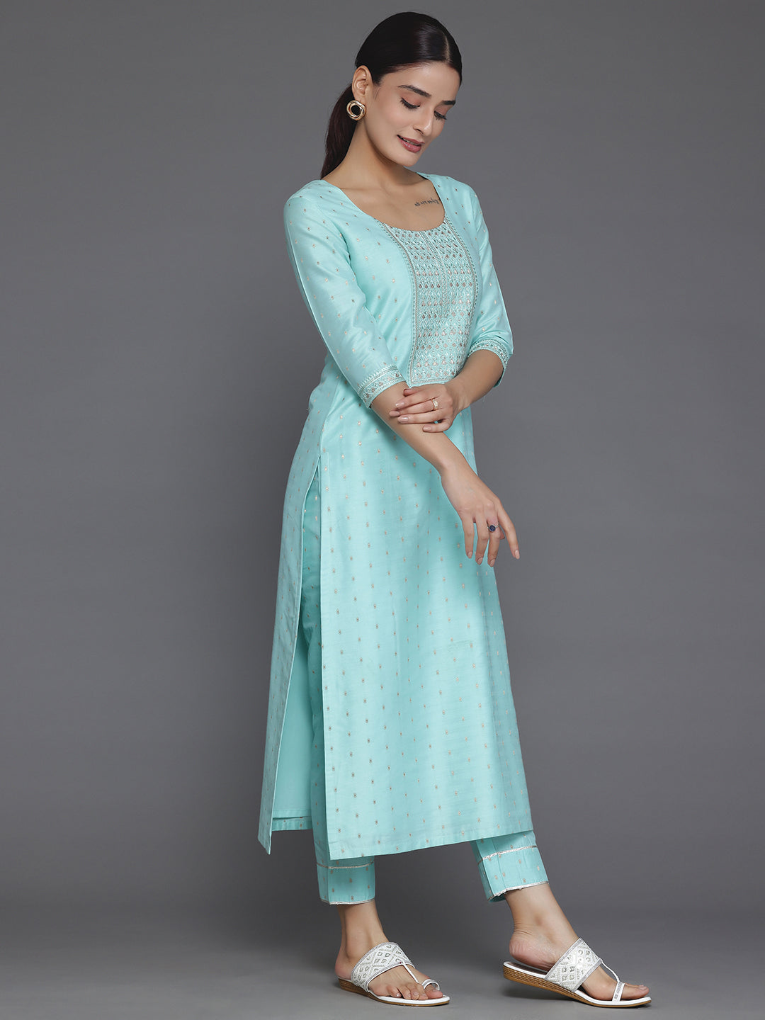 Turquoise Yoke Design Silk Blend Straight Suit With Dupatta