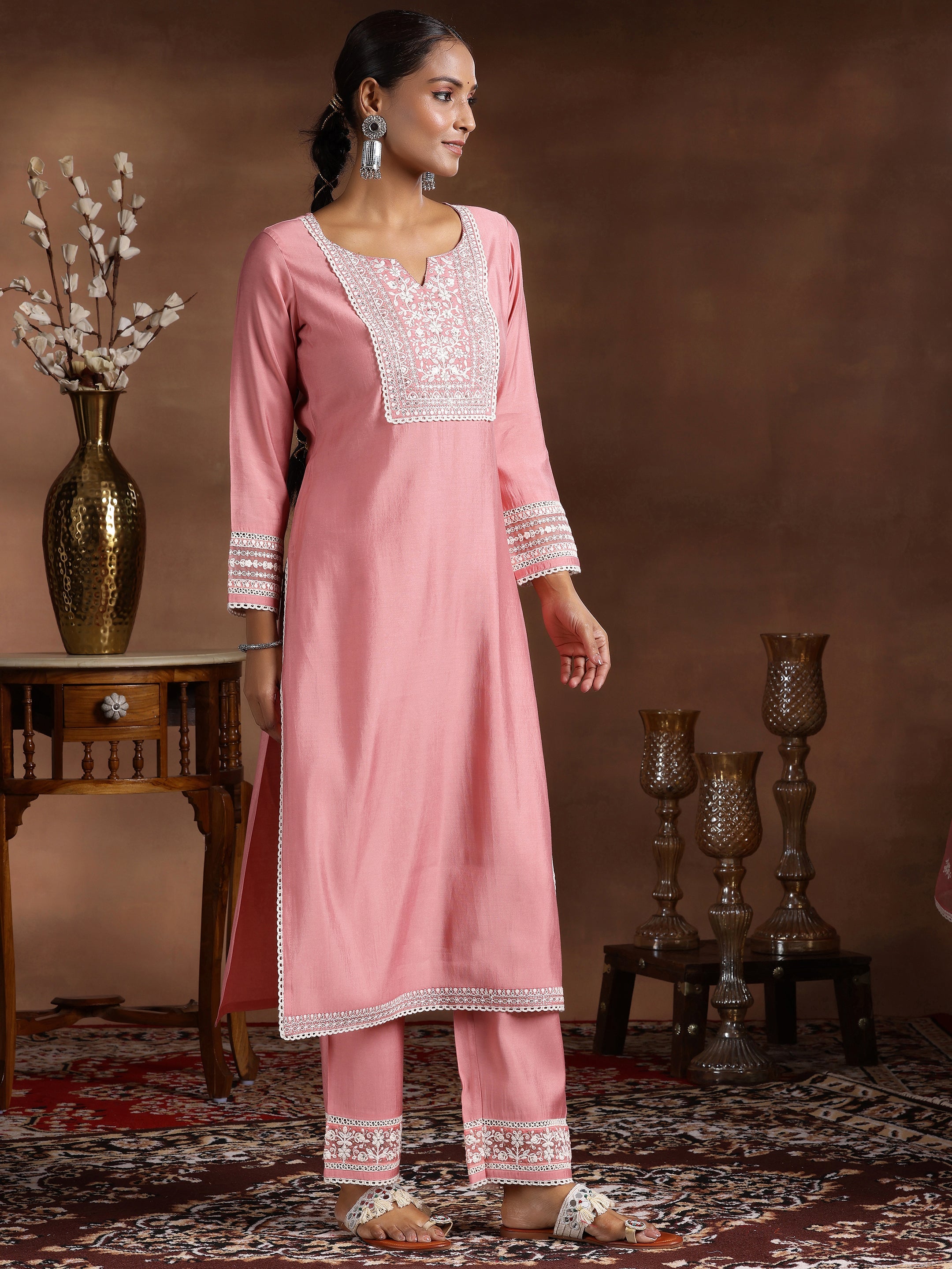 Pink Yoke Design Silk Blend Straight Suit With Dupatta