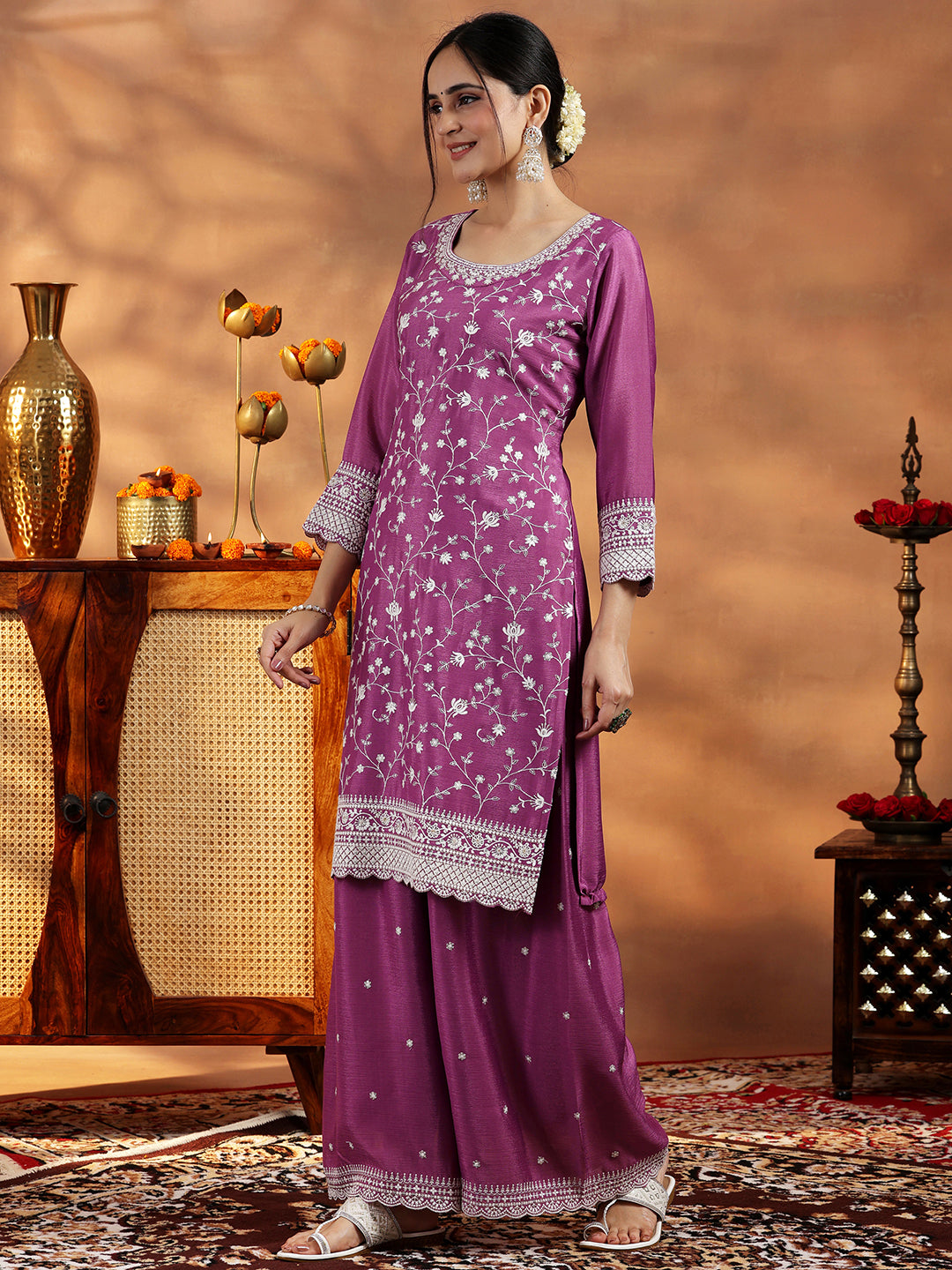 Mauve Embroidered Silk Blend Straight Suit With Dupatta