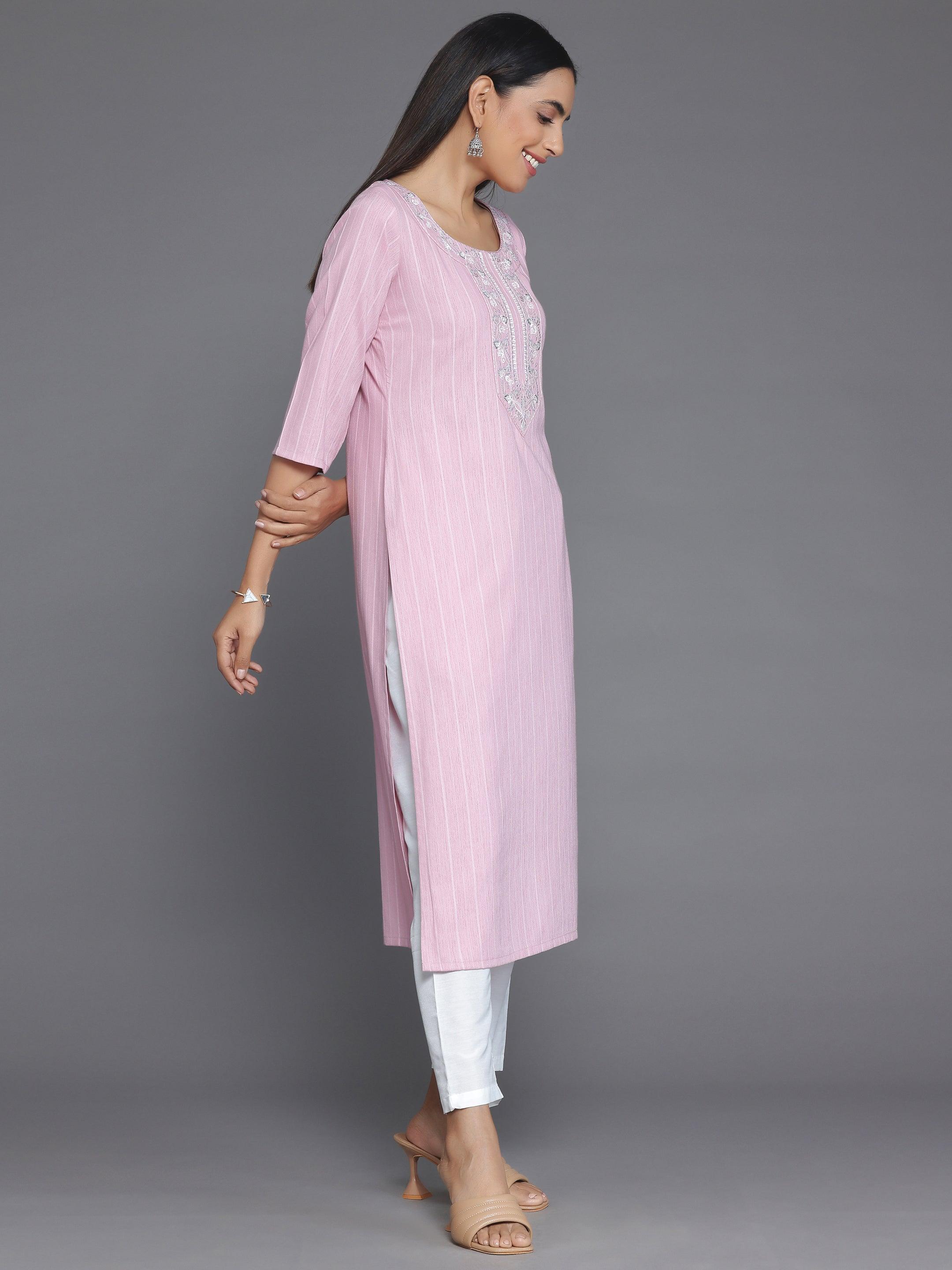 Pink Woven Design Rayon Straight Kurta