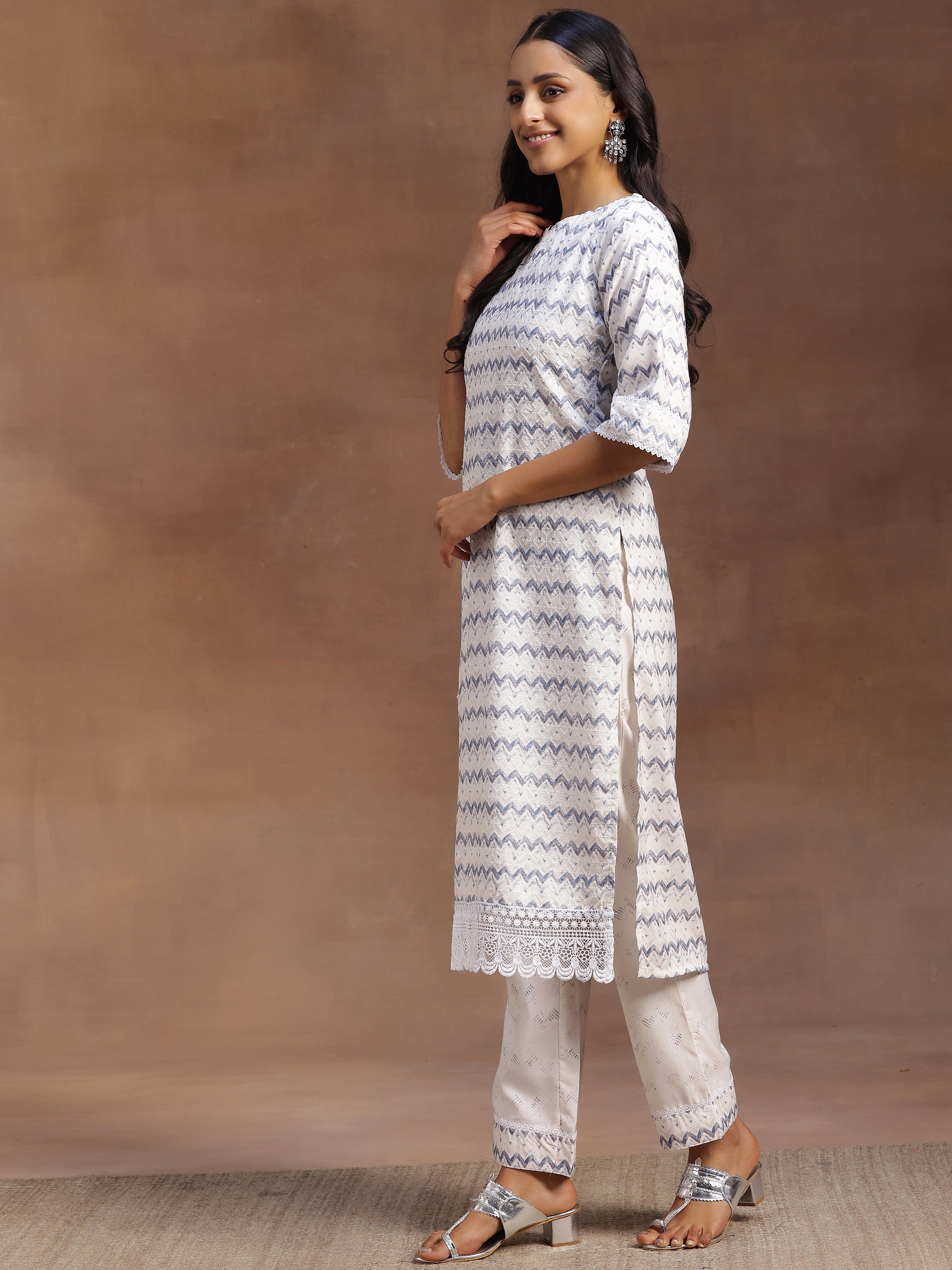 Off White Embroidered Cotton Blend Straight Suit With Dupatta