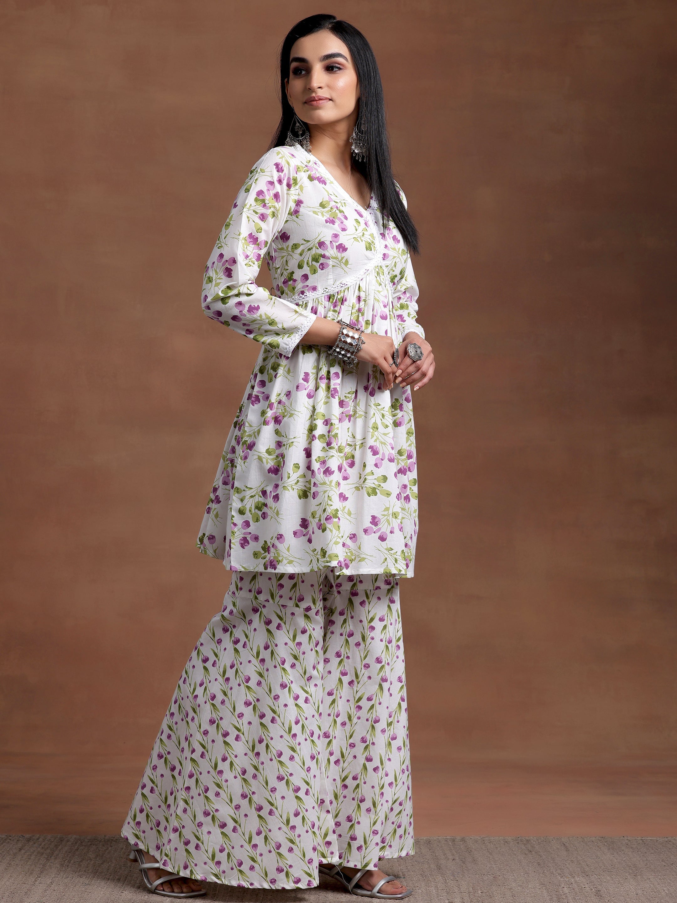 Off White Printed Cotton A-Line Kurta With Sharara & Dupatta