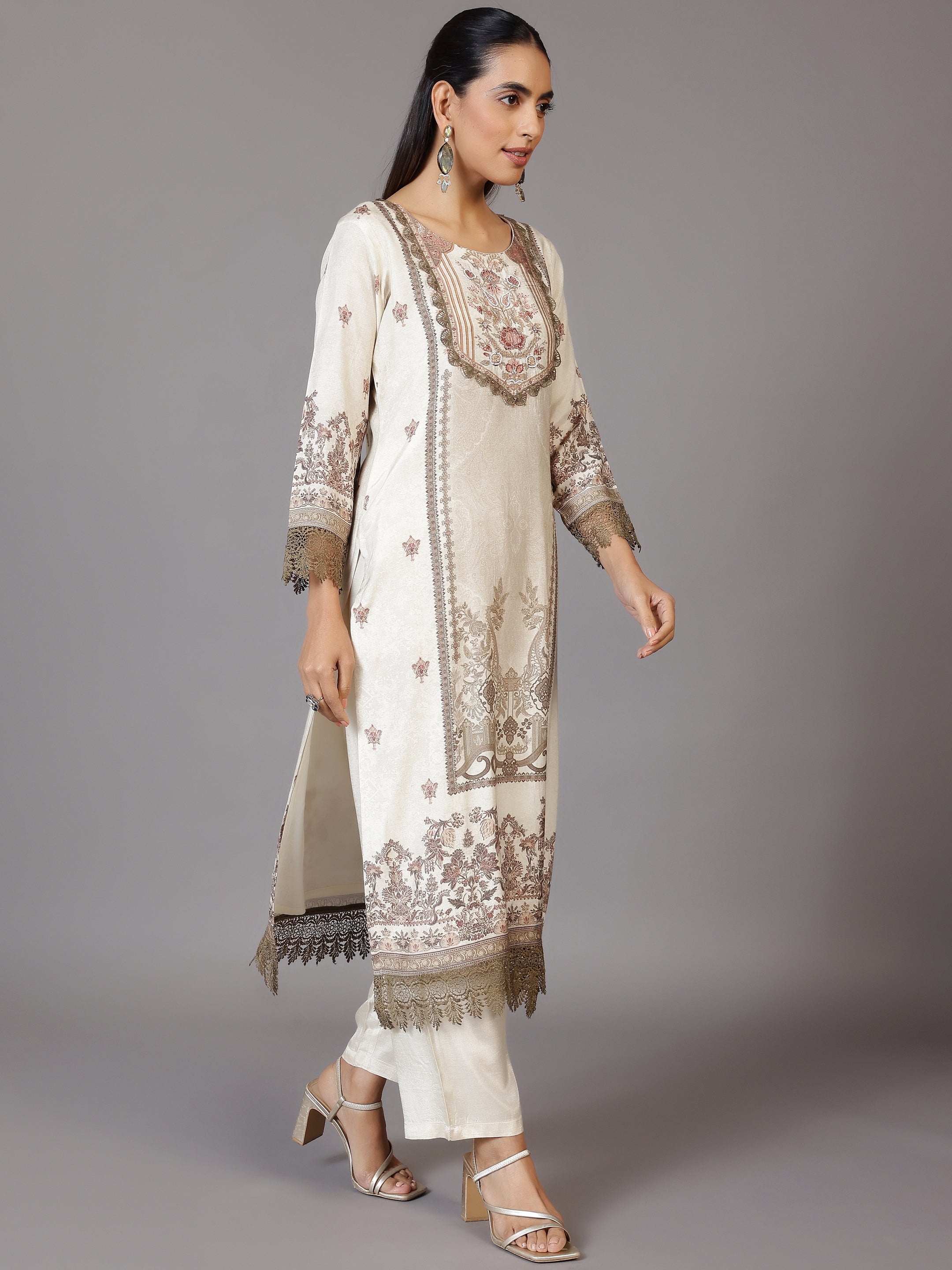 Beige Printed Silk Blend Straight Suit With Dupatta