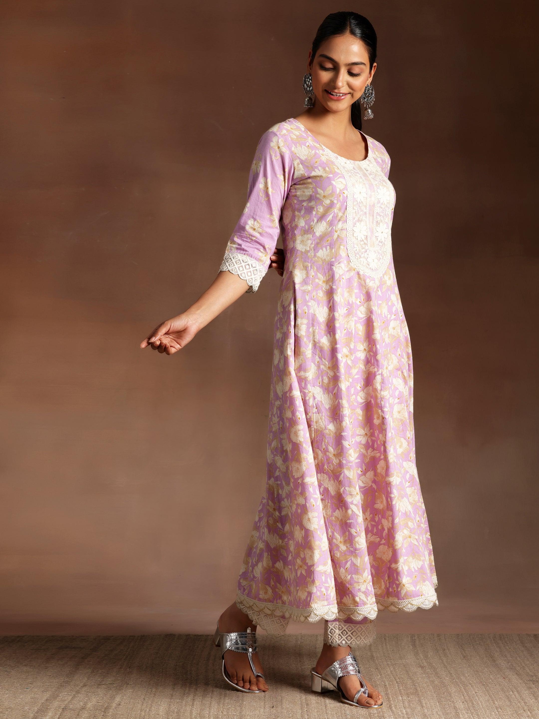 Dilbaro Purple Printed Cotton A-Line Kurta With Trousers & Dupatta